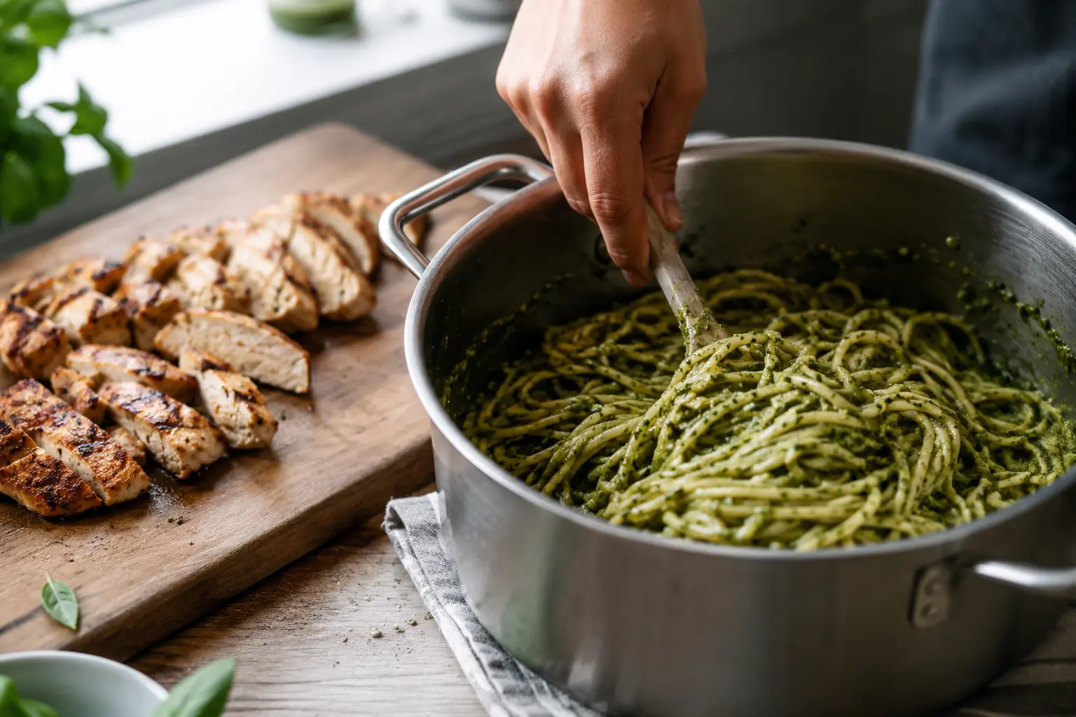 Mélange des pâtes avec le pesto dans la casserole, avec les lamelles de poulet prêtes à être disposées