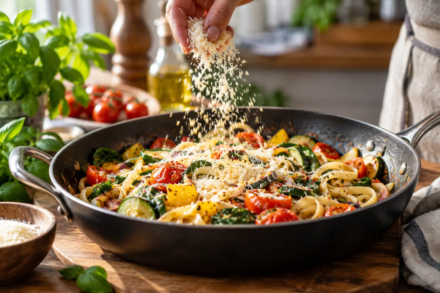Pâtes et légumes mélangés dans une grande poêle avec ajout de parmesan râpé