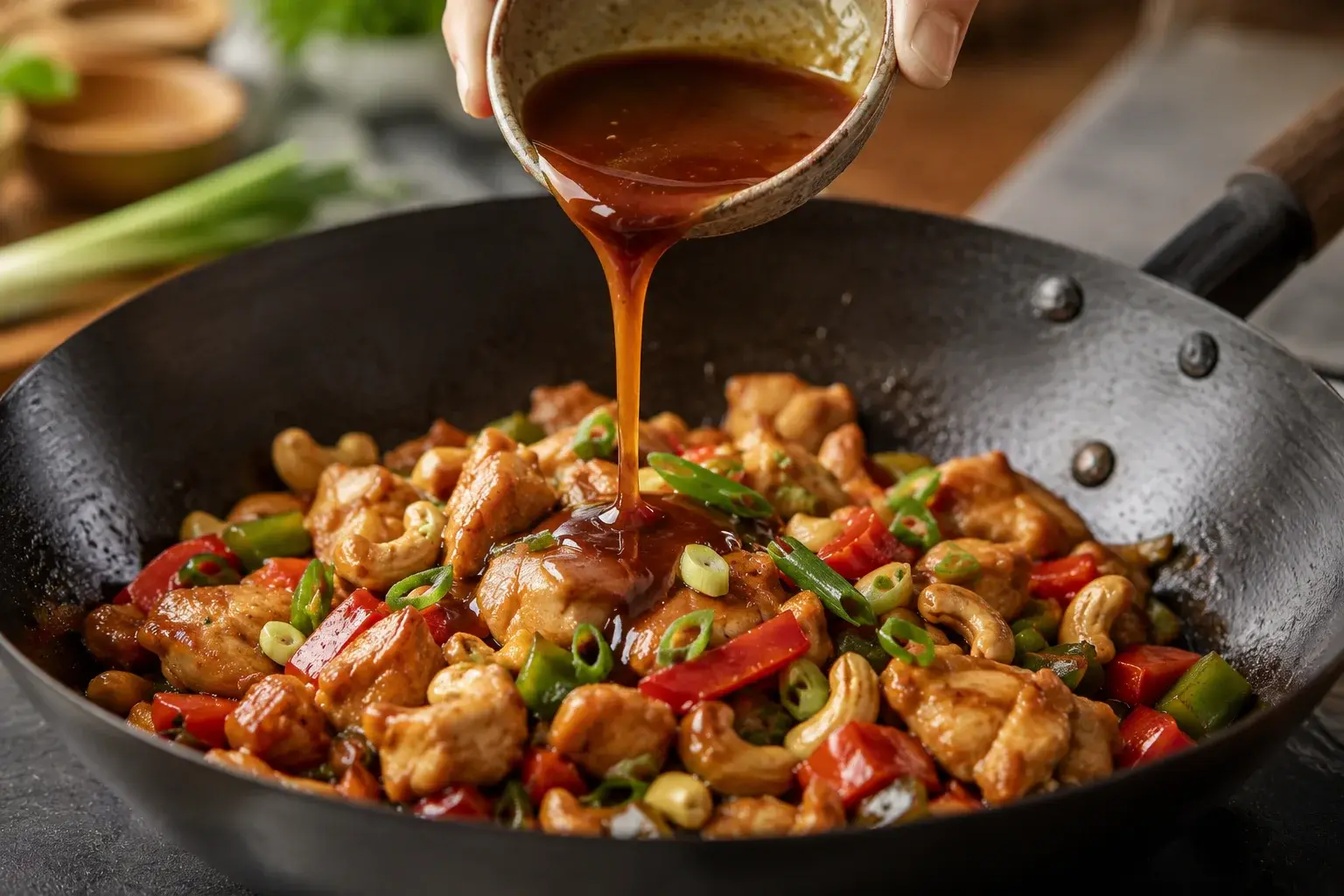 Poulet, noix de cajou et légumes mélangés dans le wok avec la sauce brillante