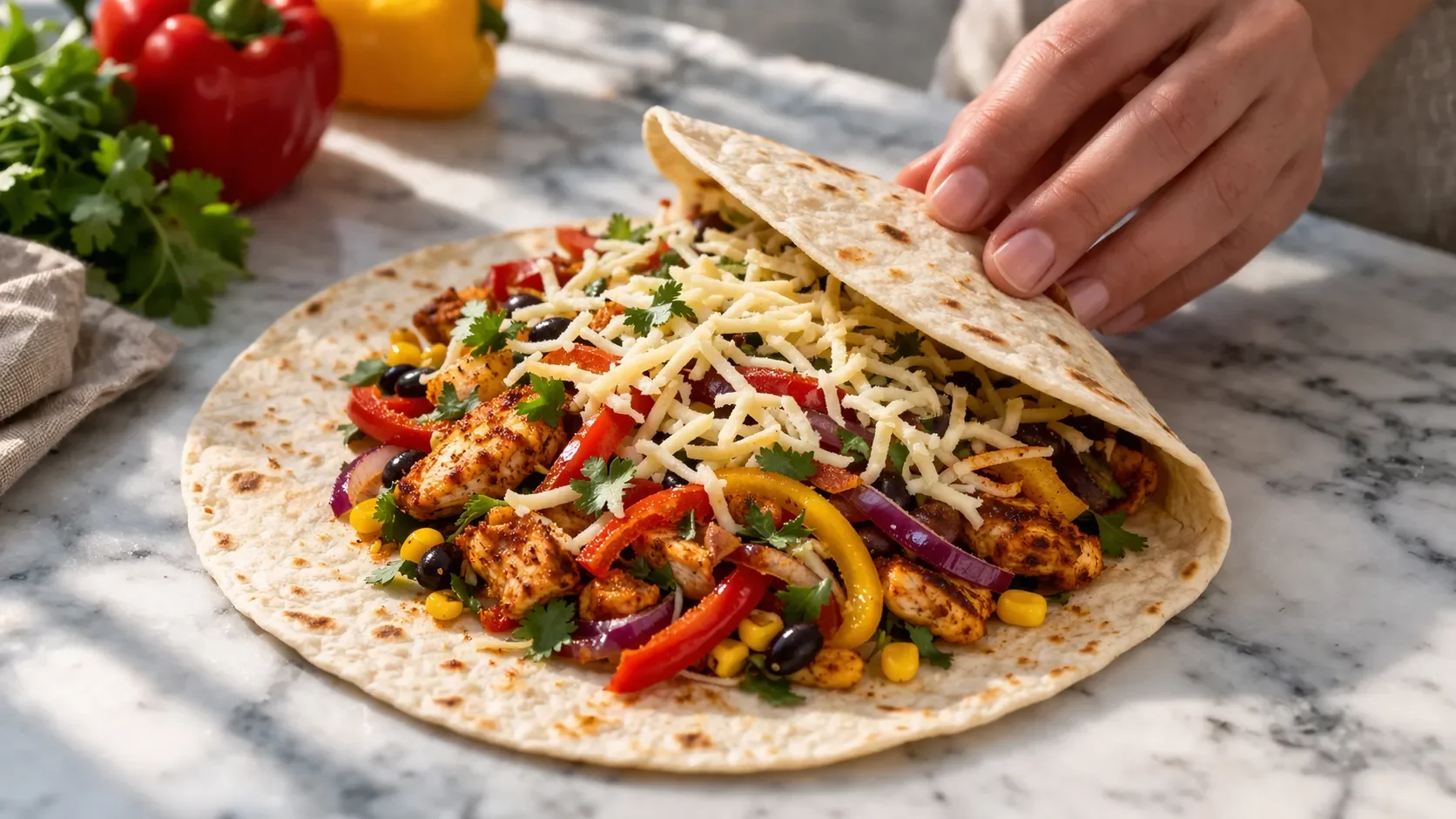 Tortilla à plat garnie de poulet épicé, poivrons et fromage râpé, en cours d'assemblage sur un plan de travail en marbre