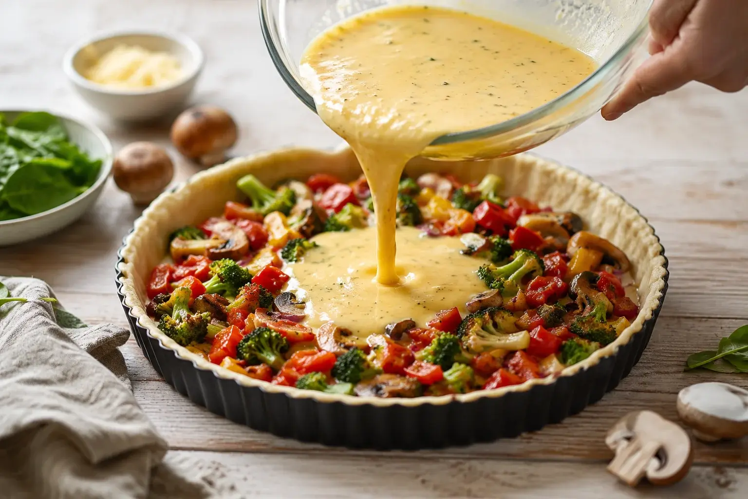 Appareil à quiche versé sur les légumes dans un moule à tarte