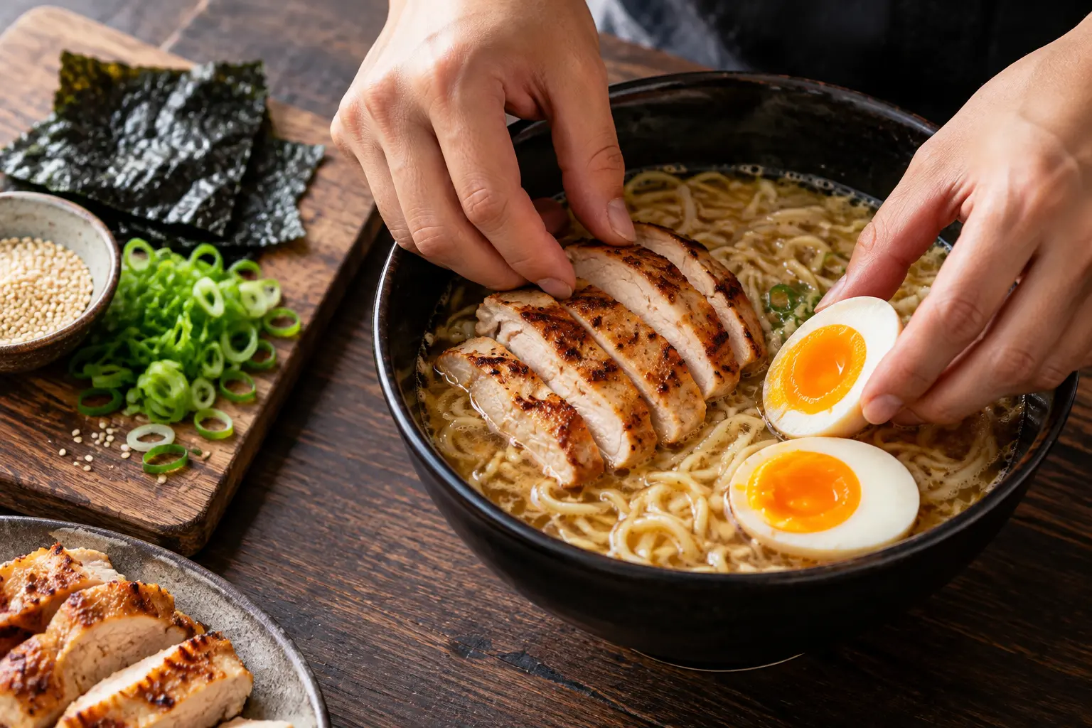 Mains en train de disposer les tranches de poulet et l'œuf mollet dans un bol de ramen fumant