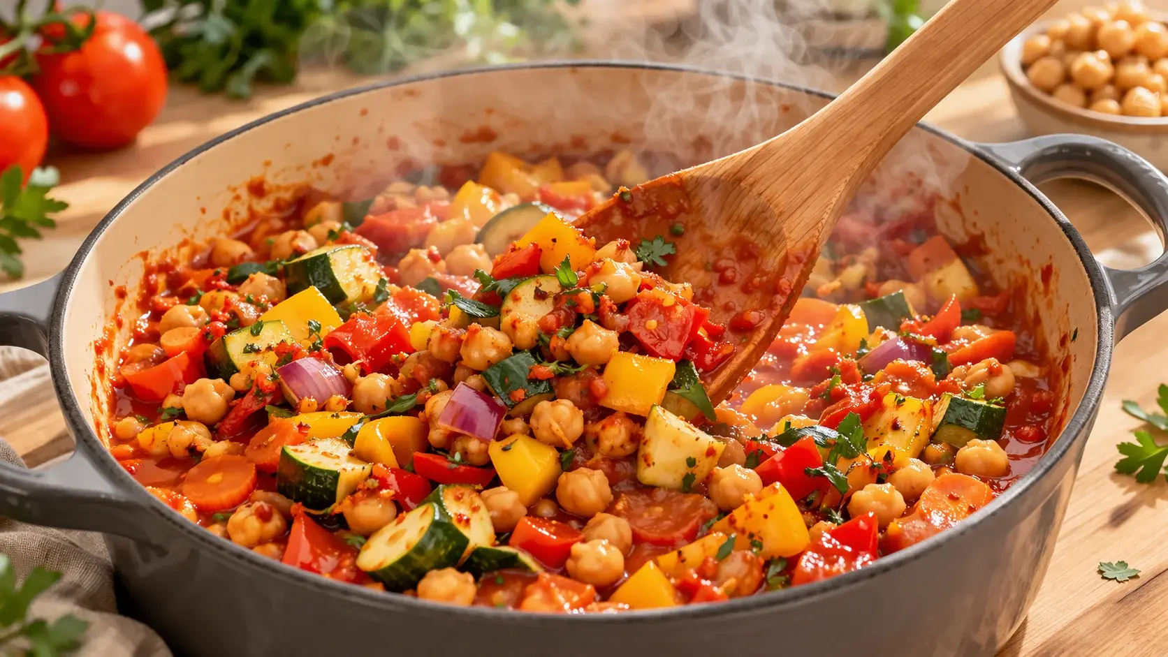 Grande cocotte avec tous les légumes colorés assemblés avec les pois chiches beiges dans la base tomate rouge, spatule les mélangeant délicatement, vapeur parfumée visible, plan de travail en bois clair