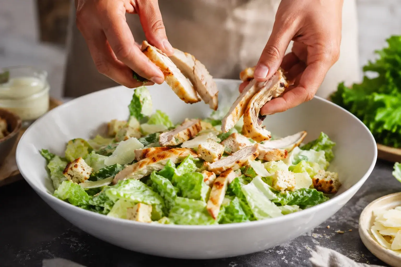 Mains qui déposent des lanières de poulet grillé doré sur une salade César avec croûtons et copeaux de parmesan dans un grand saladier