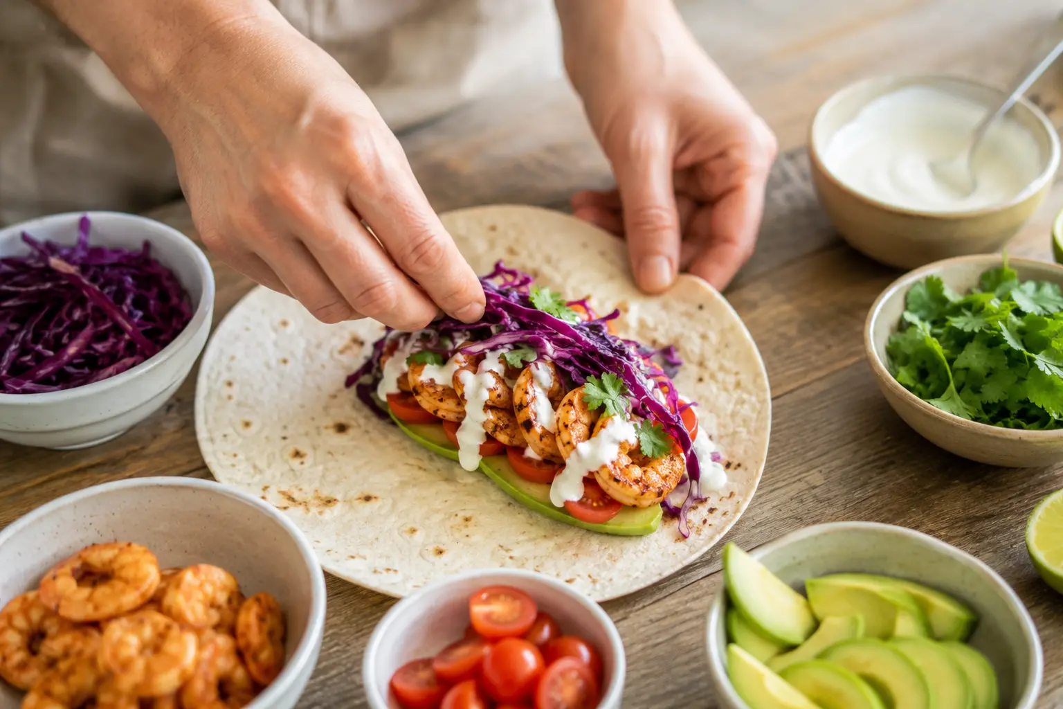 Mains en train de garnir un taco avec des crevettes épicées, du chou rouge et de la sauce citronnée