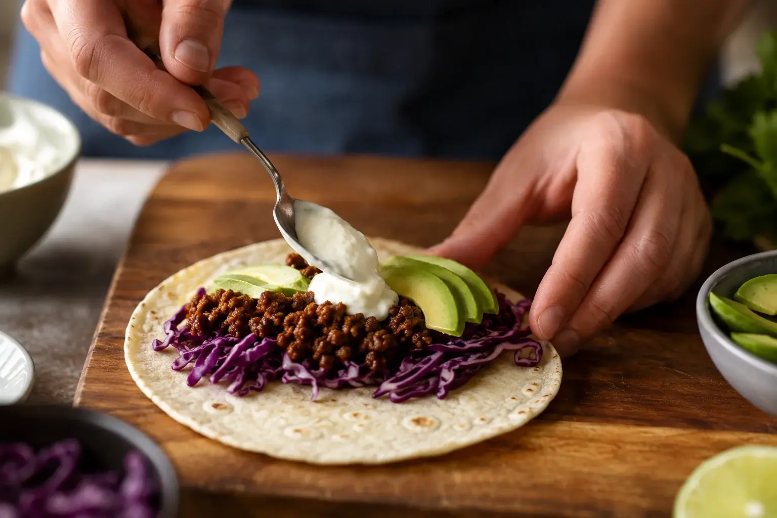Mains qui garnissent un taco ouvert de bœuf haché épicé brun, chou rouge violet, avocat vert et yaourt grec blanc