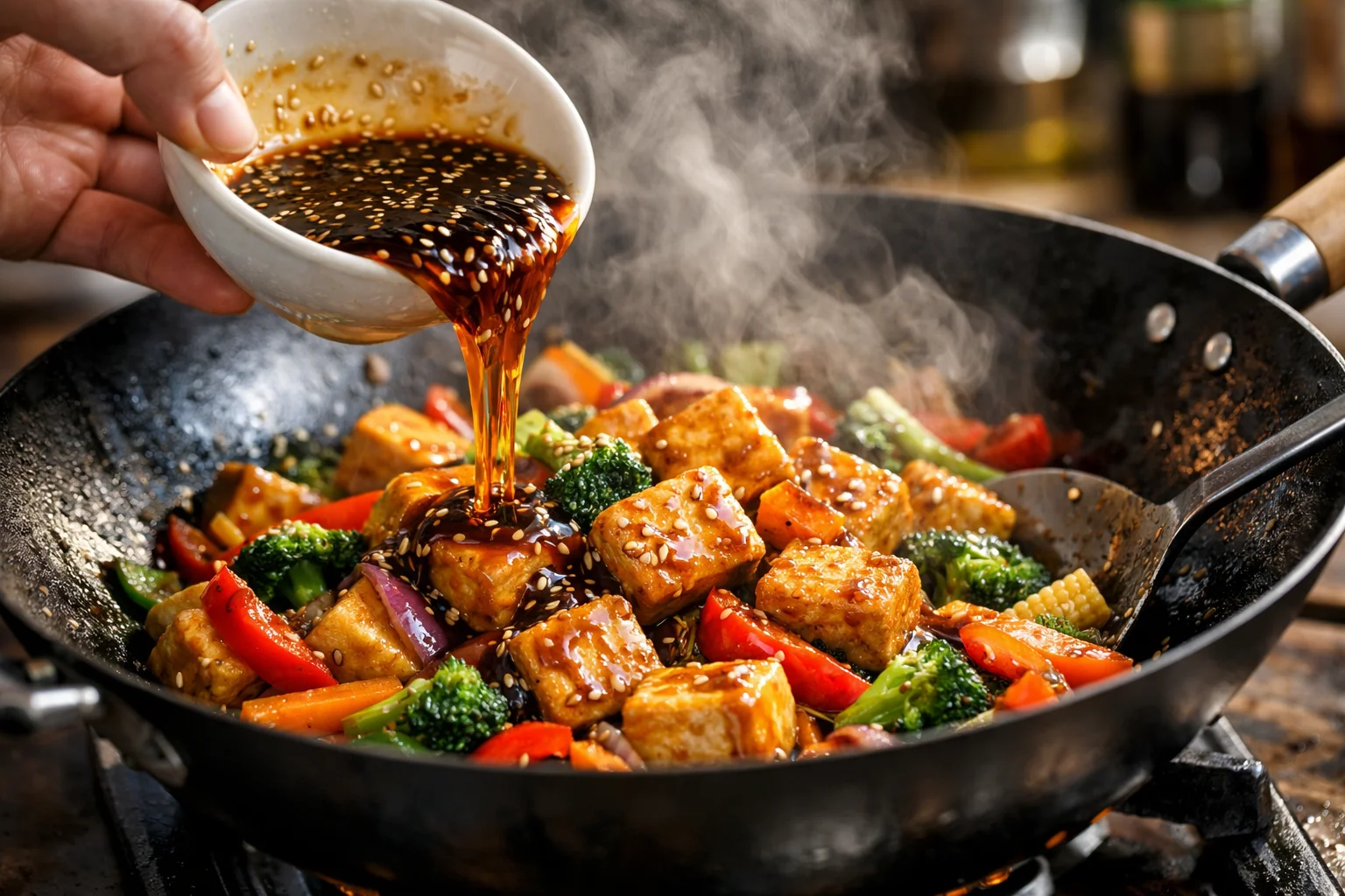 Main versant la sauce soja-sésame sur le wok avec tofu doré et légumes colorés sautés, sauce qui épaissit et brille sur tout le plat
