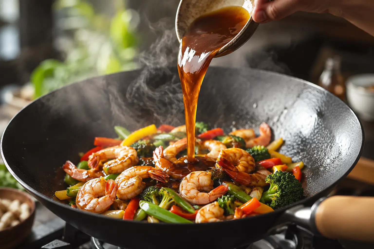 Wok de crevettes et légumes nappés de sauce, prêt à être dressé dans des bols