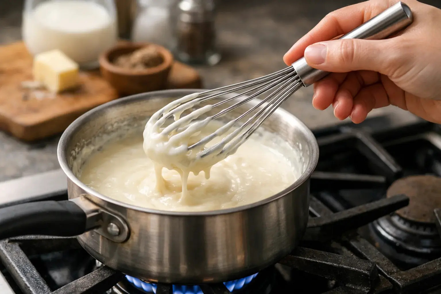 Préparation de la béchamel allégée dans une casserole avec un fouet