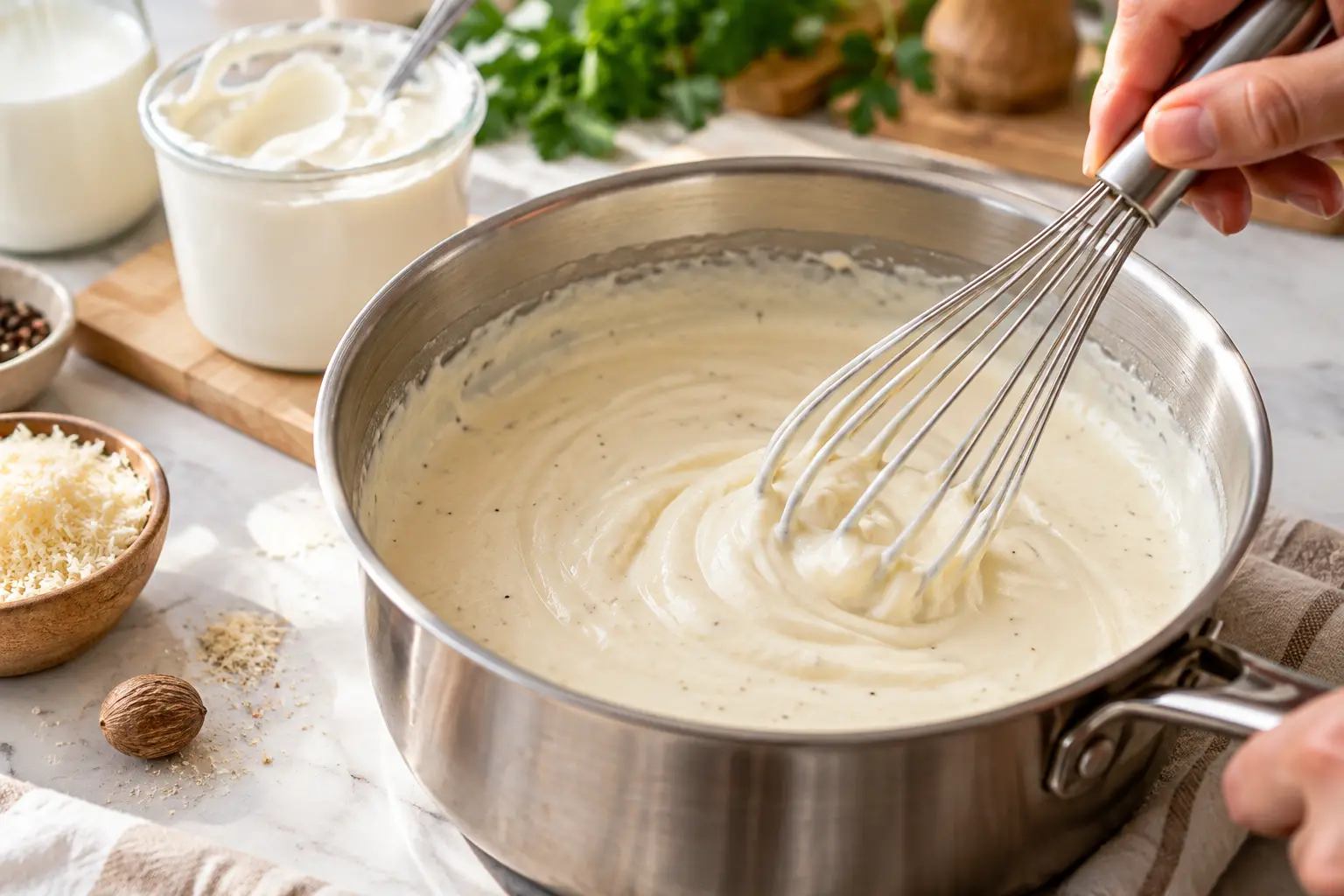 Préparation de la béchamel légère au fromage blanc dans une casserole, fouet en action