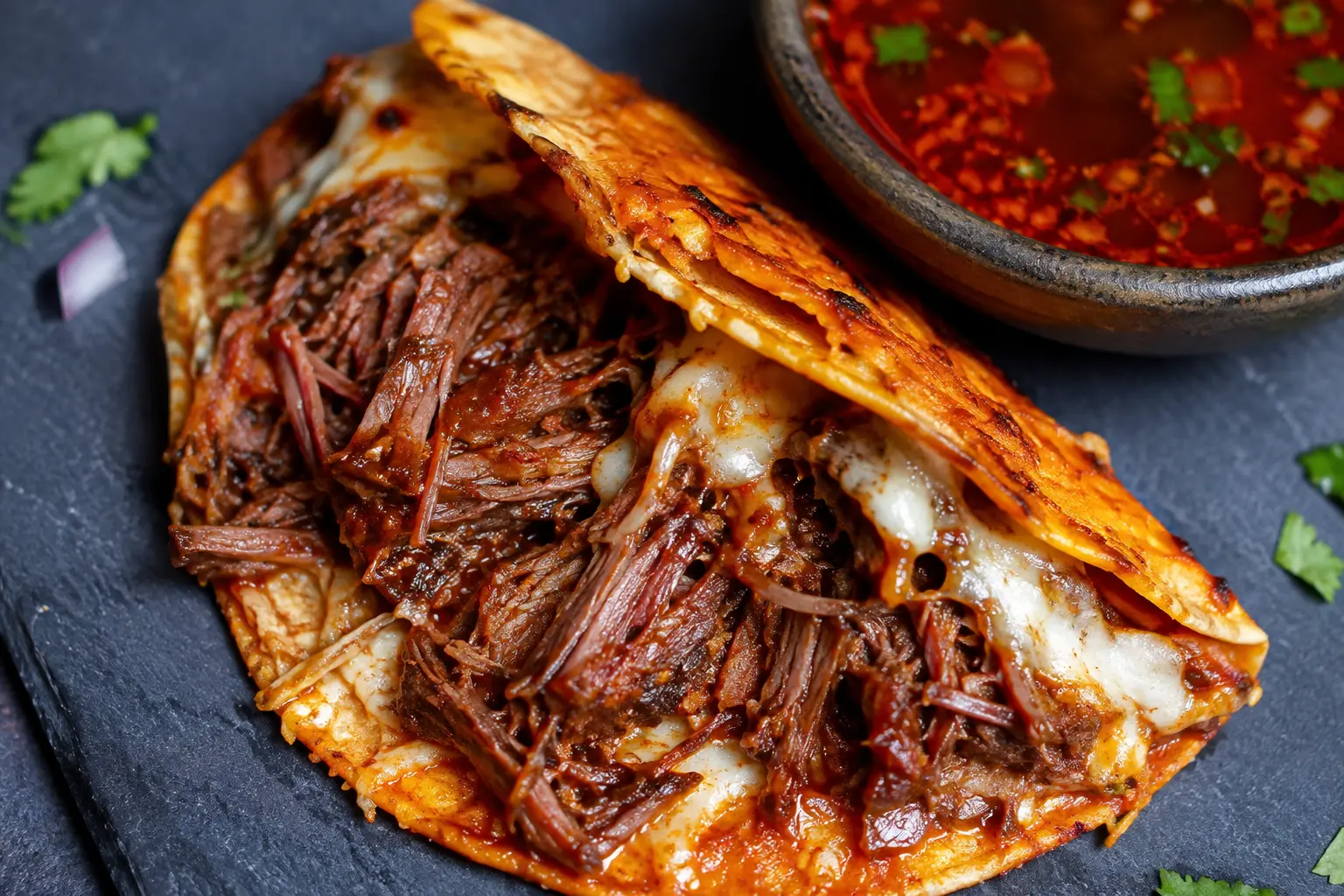 Gros plan sur un taco de birria de bœuf garni de coriandre et oignon, trempé dans le consommé