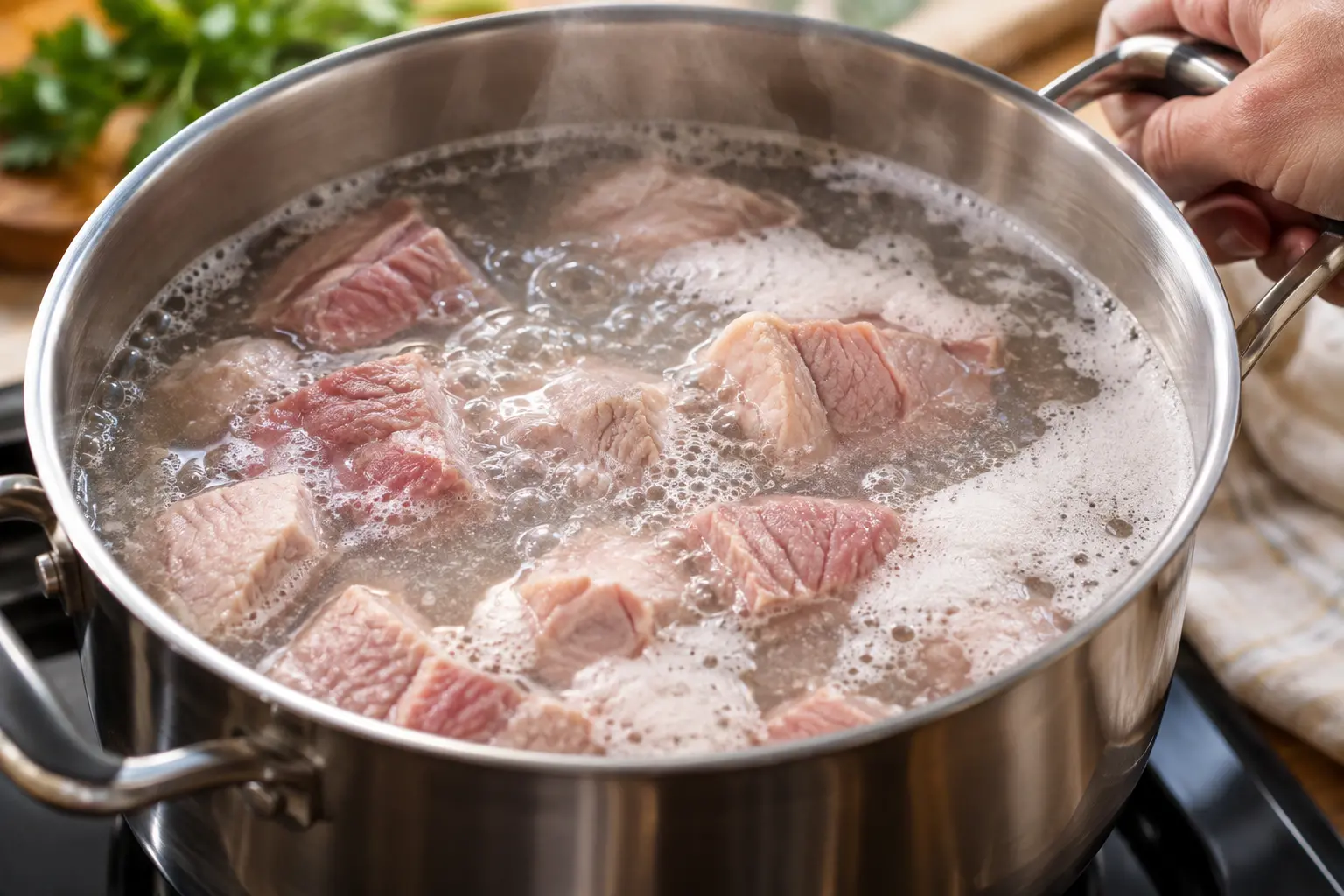 Cubes de veau en train de blanchir dans une casserole d'eau frémissante