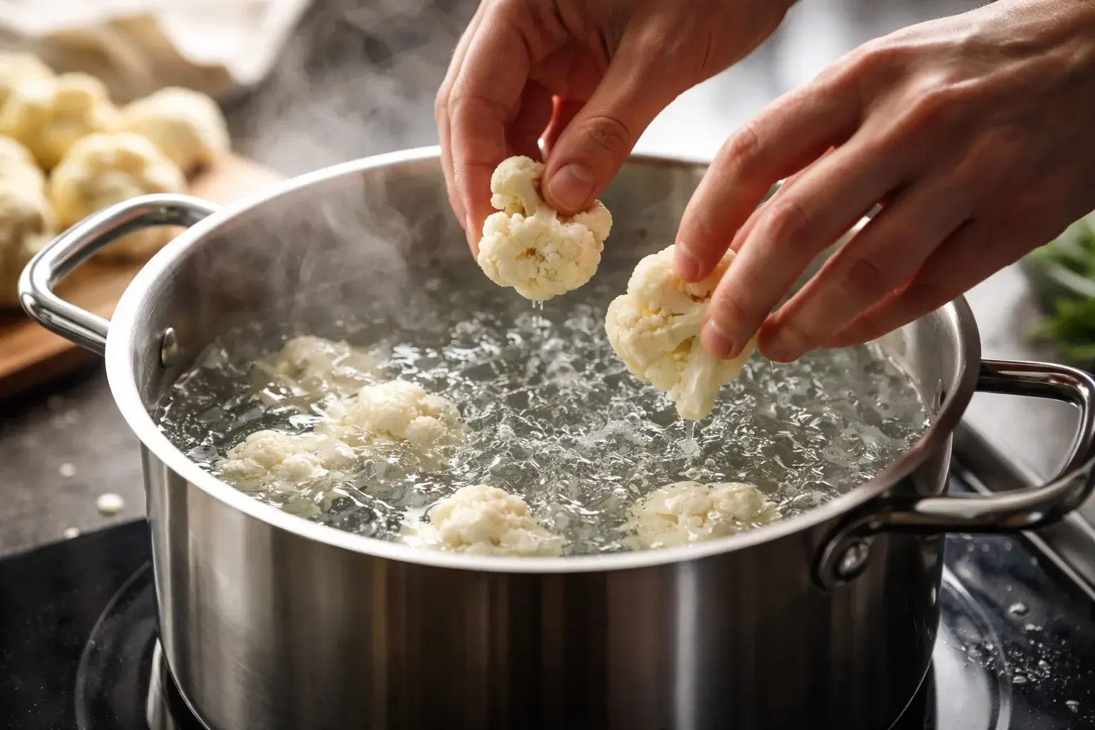 Fleurettes de chou-fleur plongées dans une casserole d'eau bouillante salée