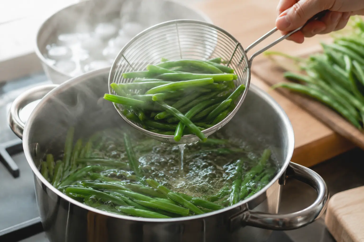 Haricots verts en train de blanchir dans une casserole d'eau bouillante