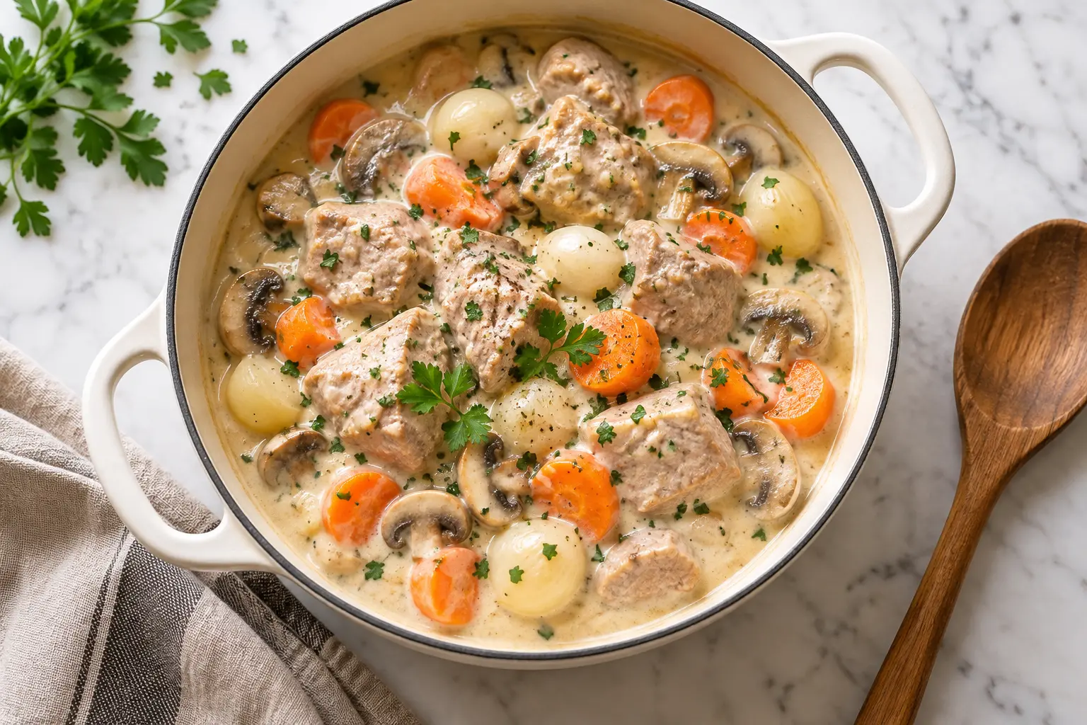 Vue rapprochée de la blanquette de veau allégée montrant la texture crémeuse de la sauce