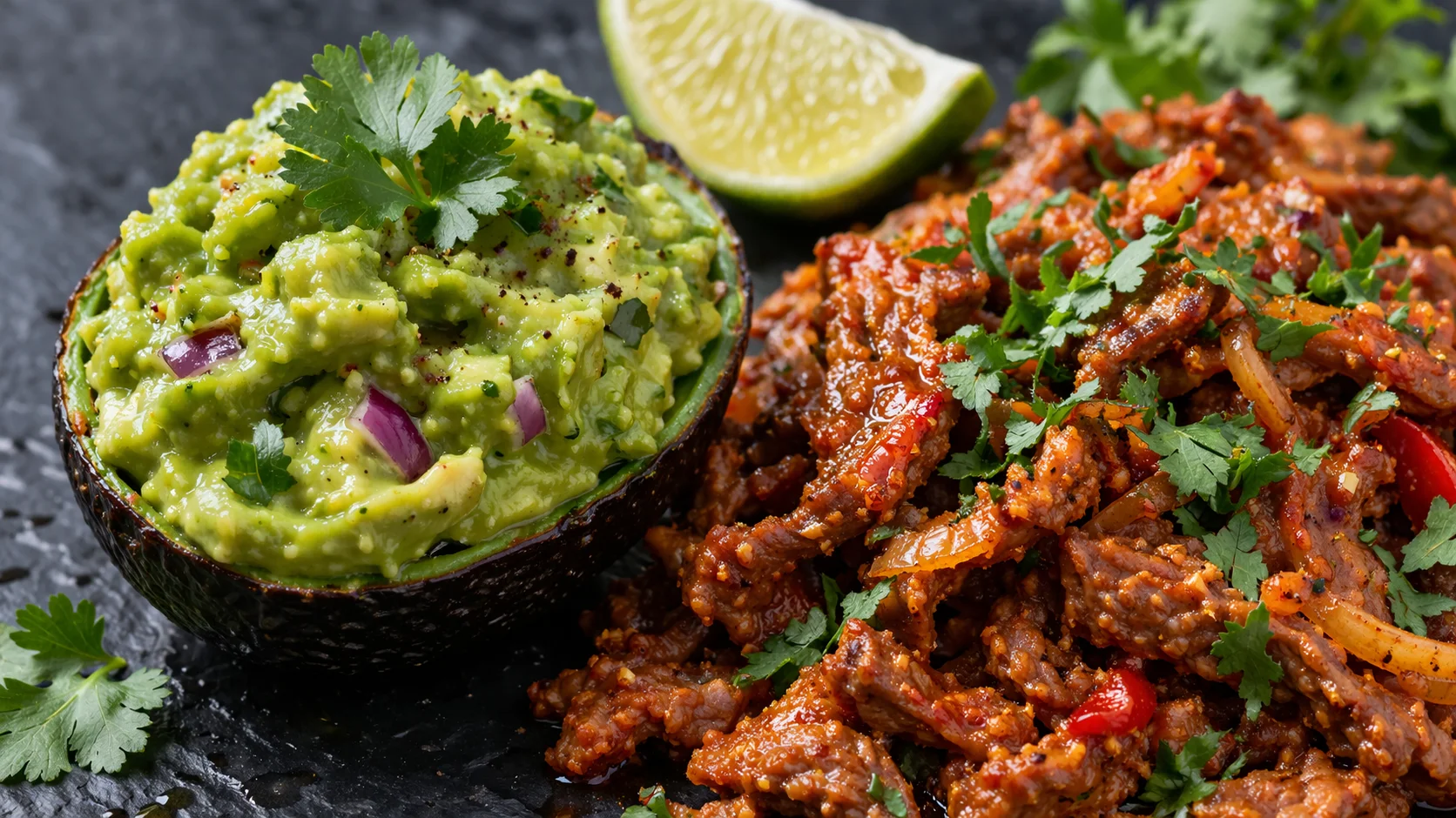 Gros plan sur le guacamole maison cremeux posé sur le bœuf mexicain épicé, morceaux d'avocat et citron vert visible