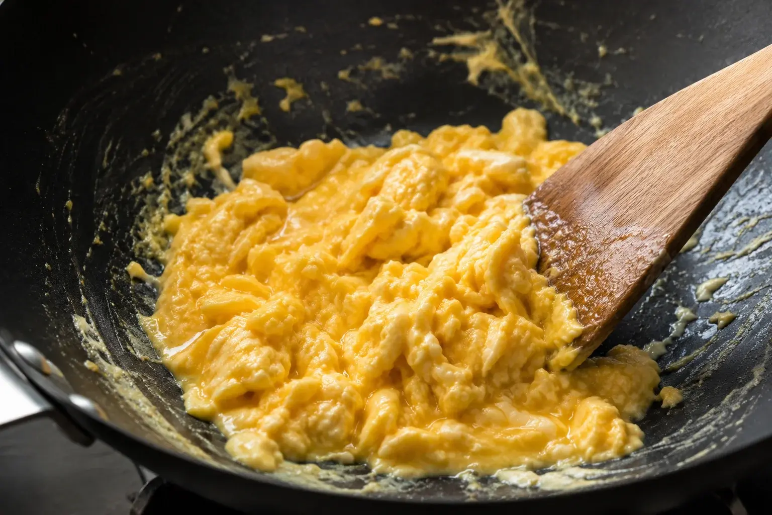 Œufs brouillés jaunes en formation dans un wok avec spatule en bois qui les agglomère en morceaux moelleux