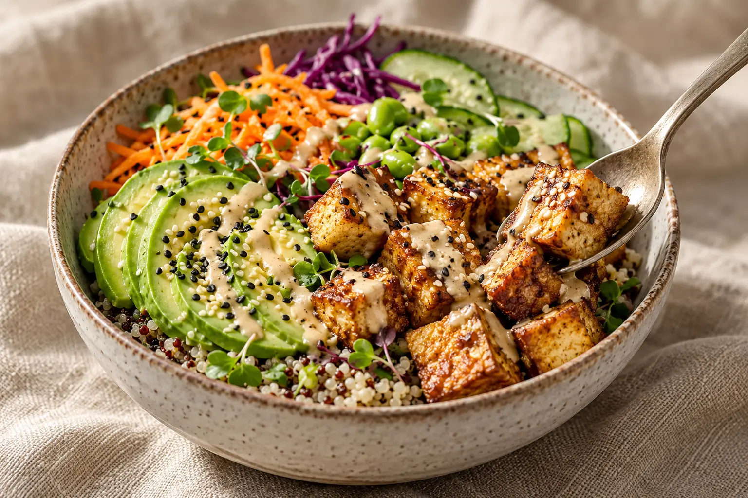 Vue rapprochée du buddha bowl tofu avocat montrant les détails des légumes et du tofu doré