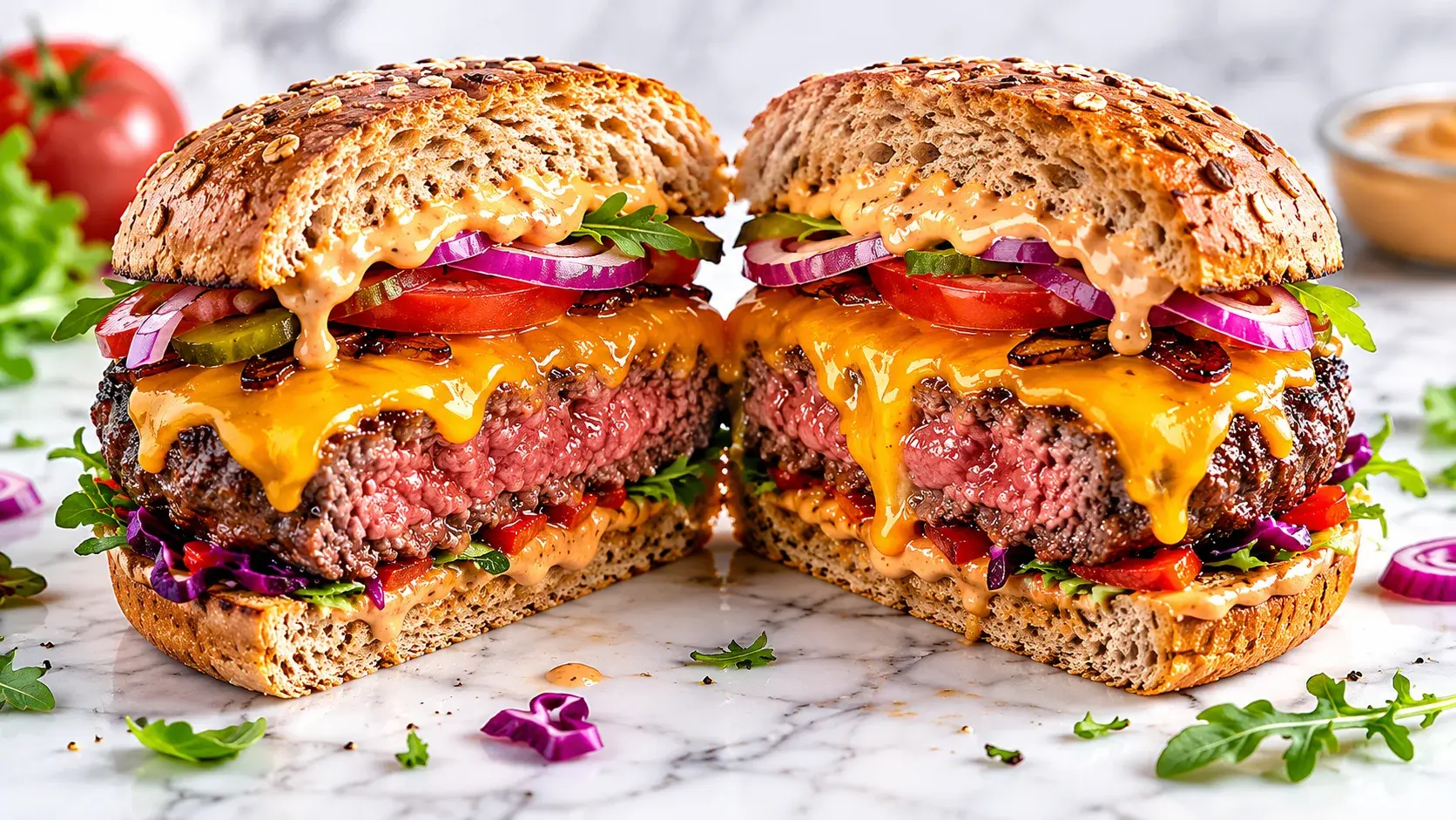Vue de côté du burger protéiné coupé en deux révélant le steak haché rosé, les garnitures fraîches et le cheddar fondu