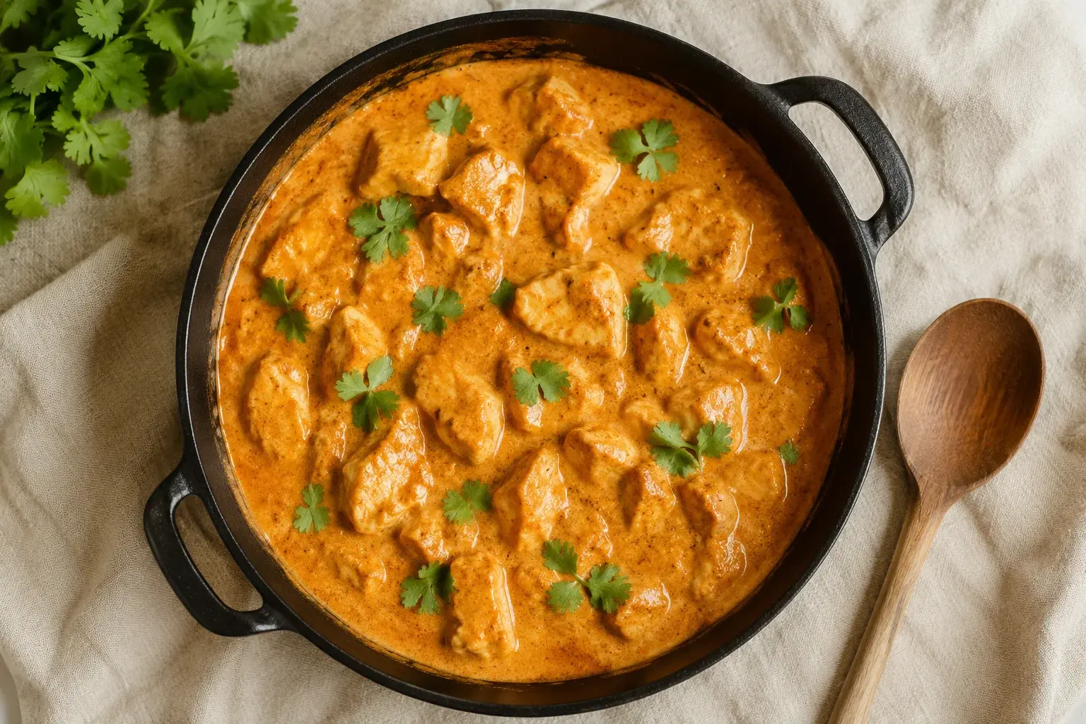 Vue rapprochée du butter chicken allégé montrant la sauce onctueuse et les morceaux de poulet
