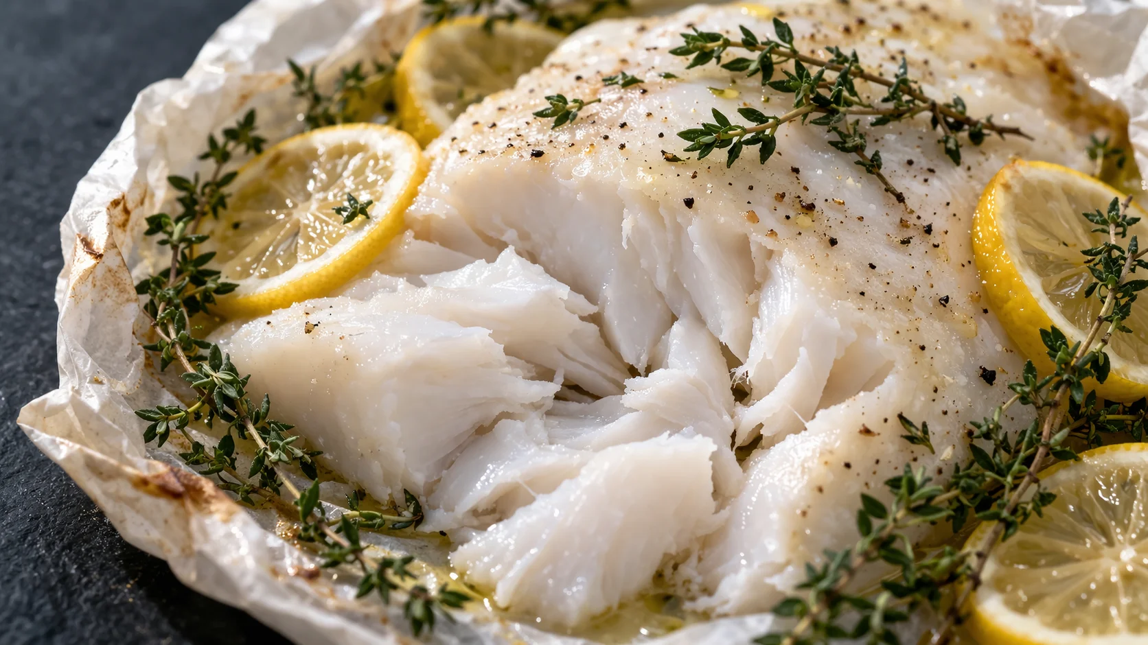 Gros plan sur le filet de cabillaud cuit en papillote, texture nacrée et feuilletée avec des rondelles de citron et des herbes