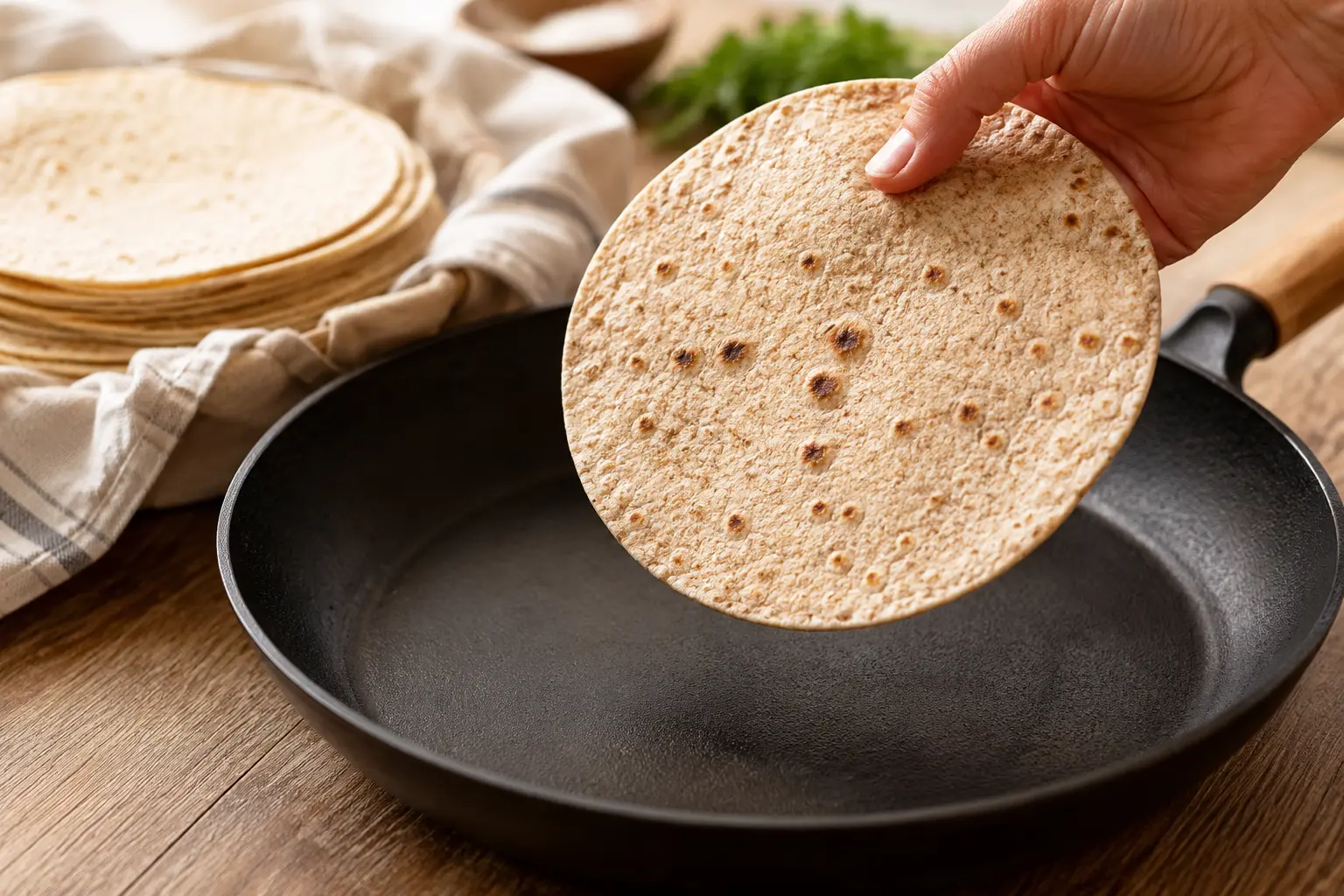 Tortilla de blé complet en train de chauffer dans une poêle sèche avec des marques de grillé