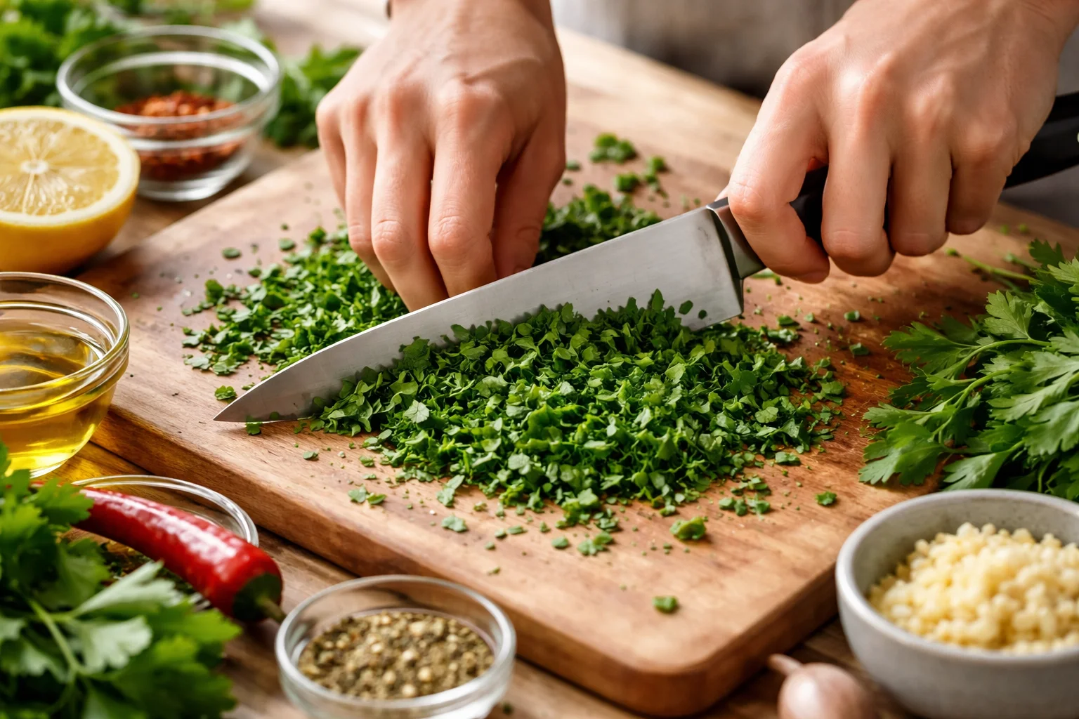Mains hachant finement du persil plat frais sur une planche en bois pour la sauce chimichurri, herbes vertes vives