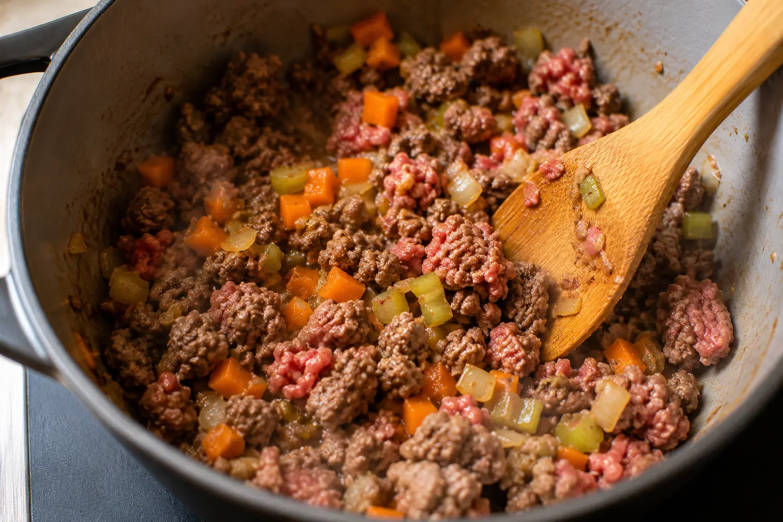 Bœuf haché en train de dorer dans le faitout avec les légumes