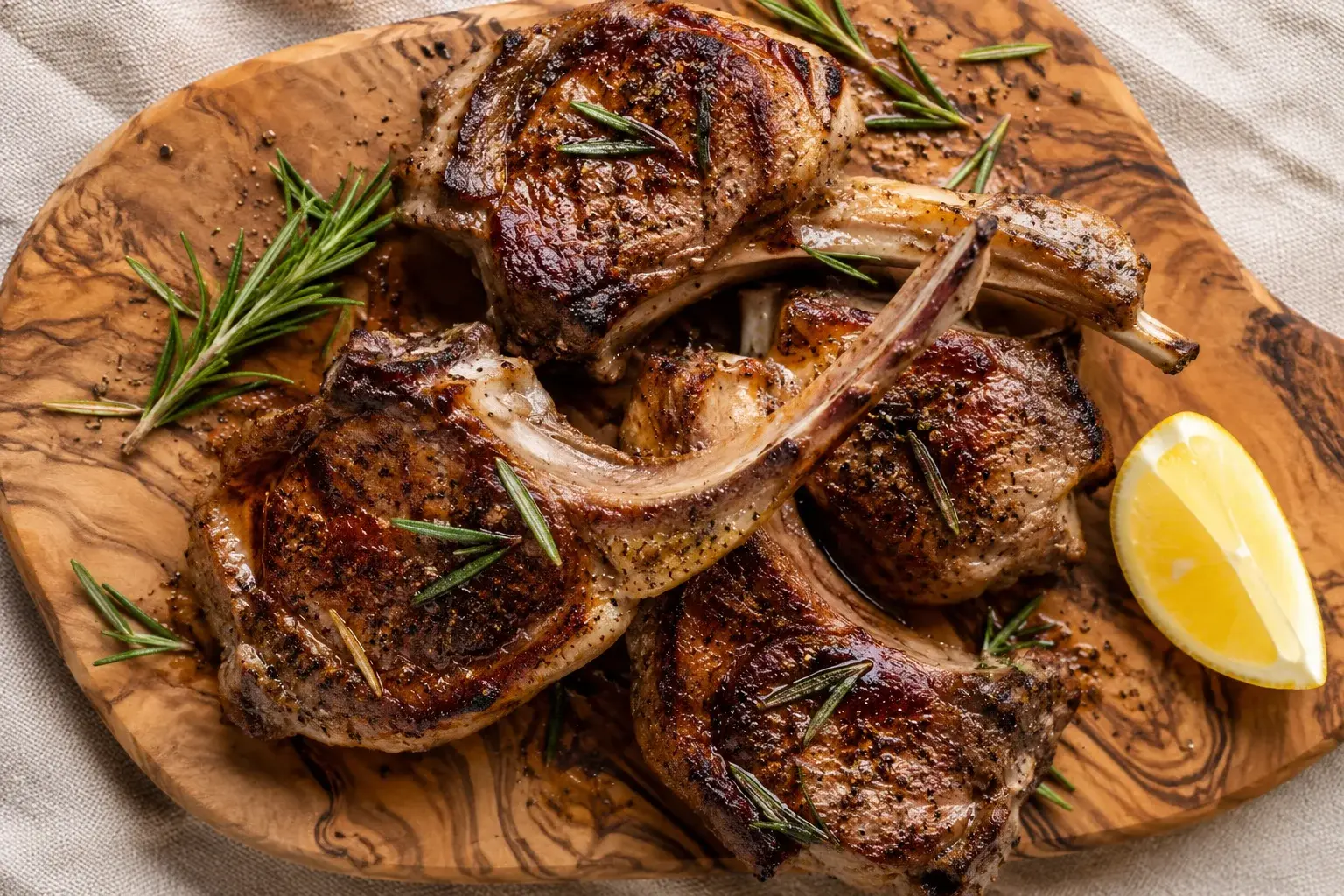 Gros plan sur des côtelettes d'agneau grillées montrant la croûte dorée et le romarin
