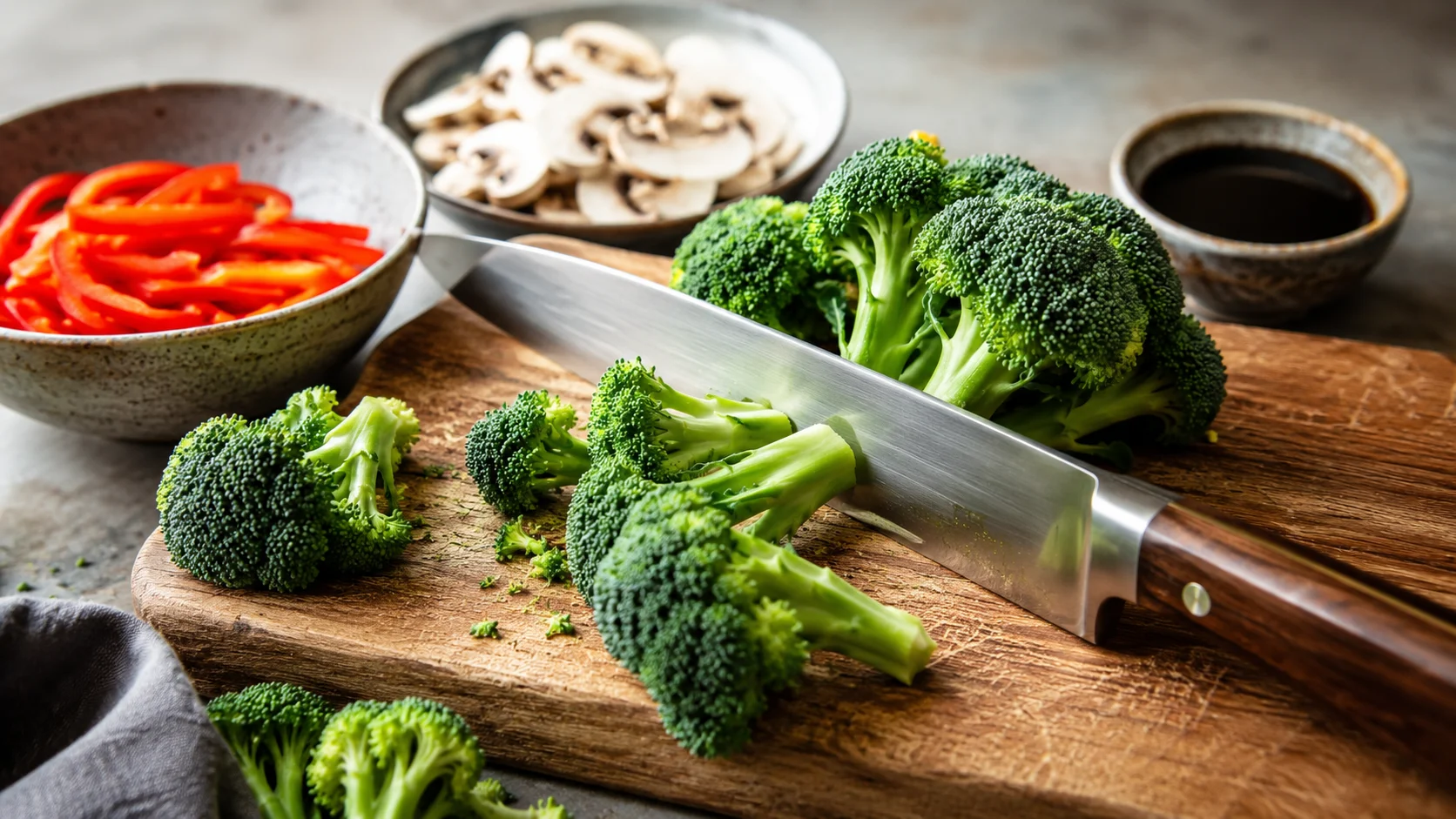Plan de travail avec bouquets de brocoli, lamelles de poivron rouge, champignons et oignon émincé sur planche en bois