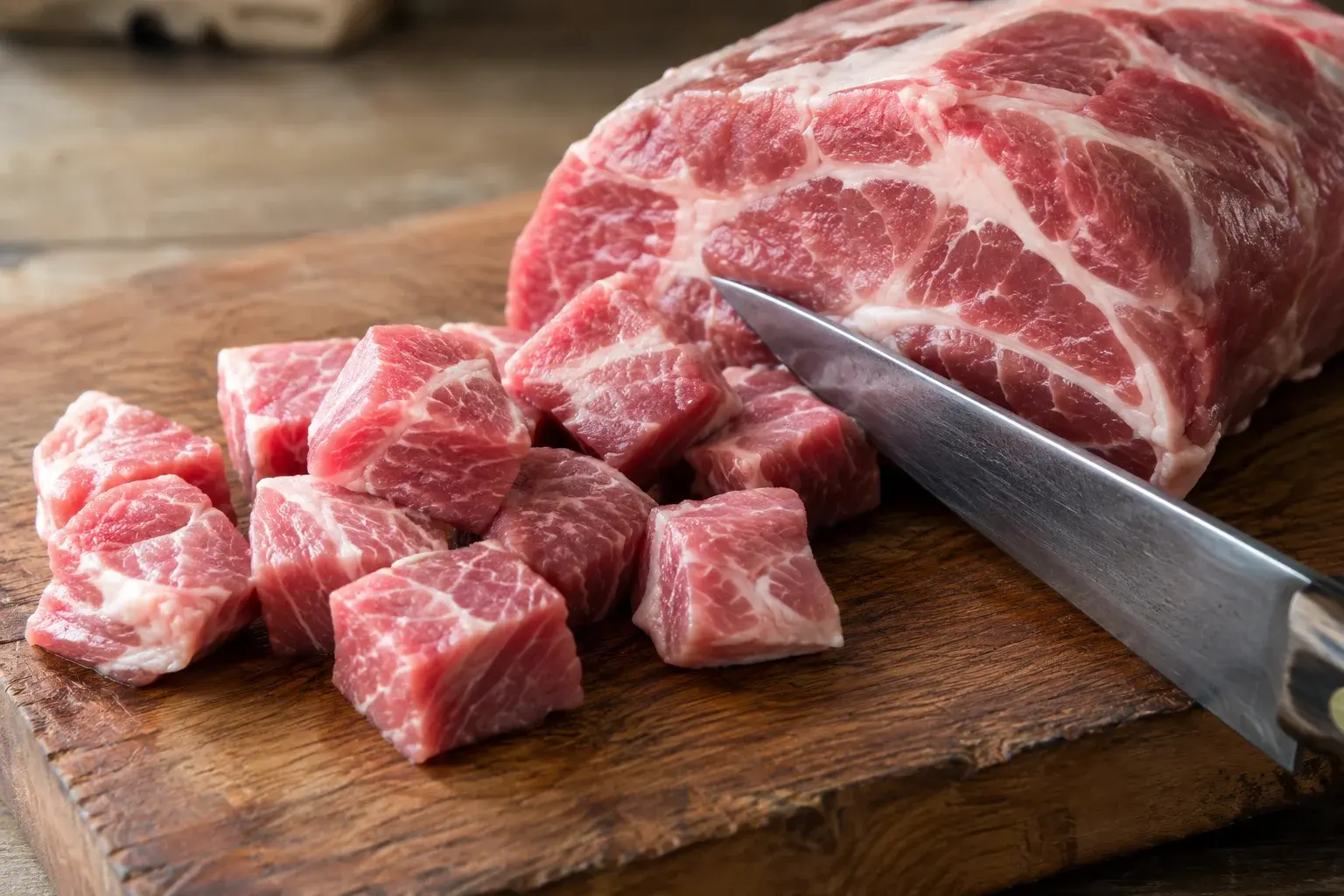 Couteau qui détaille un morceau d'échine de porc rose en cubes réguliers sur une planche en bois, persillage de gras visible