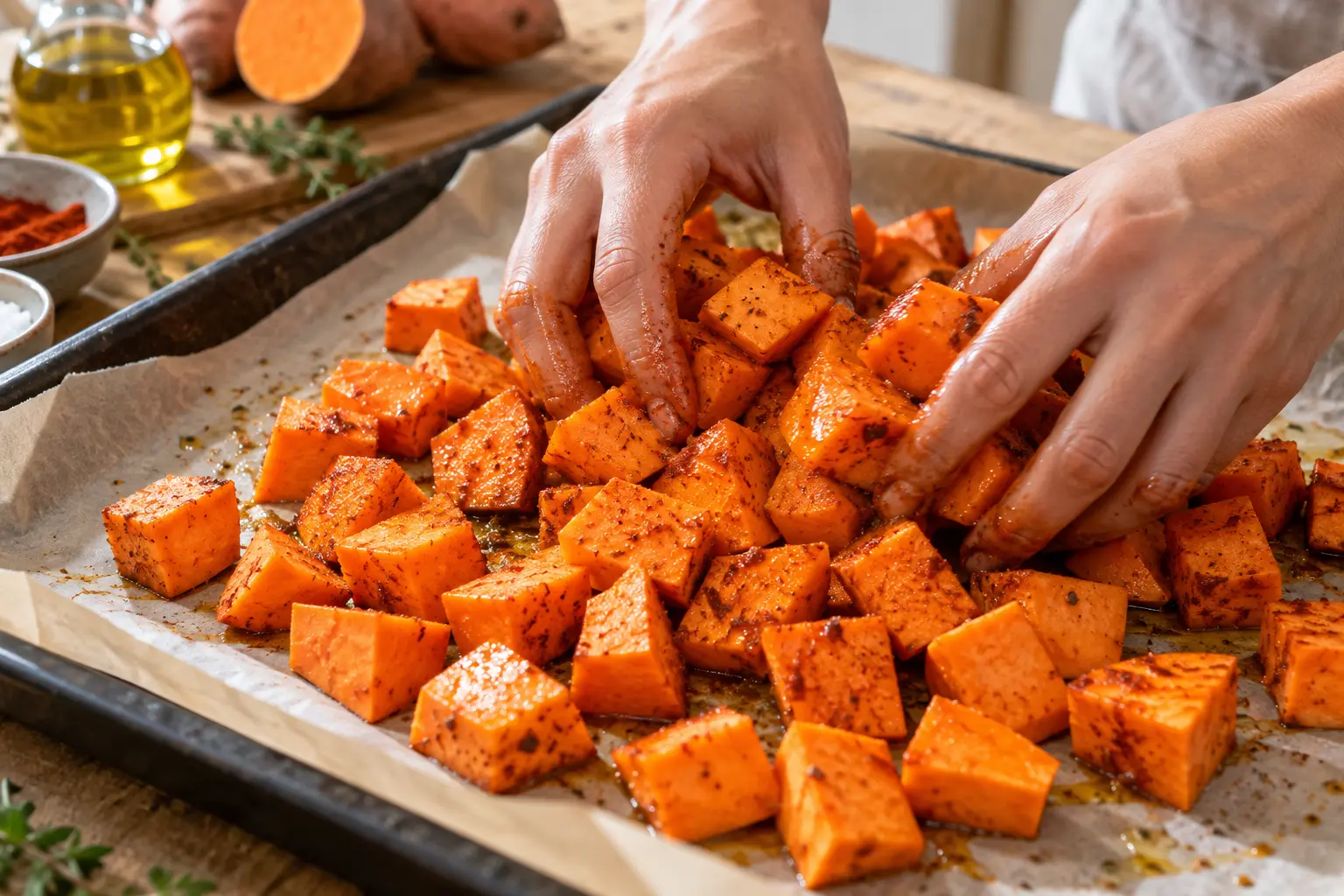 Cubes de patates douces assaisonnés de paprika fumé étalés sur une plaque de cuisson