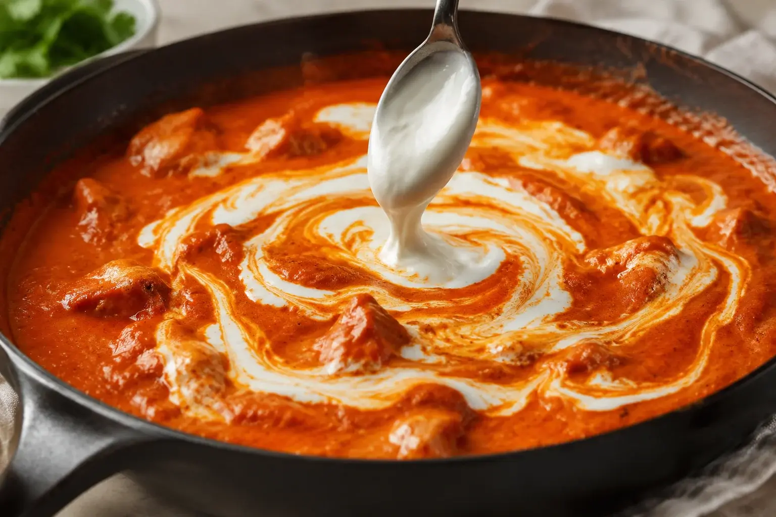 Yaourt grec blanc versé en spirale dans la sauce tikka masala rouge dans une poêle, créant des marbrures orangées
