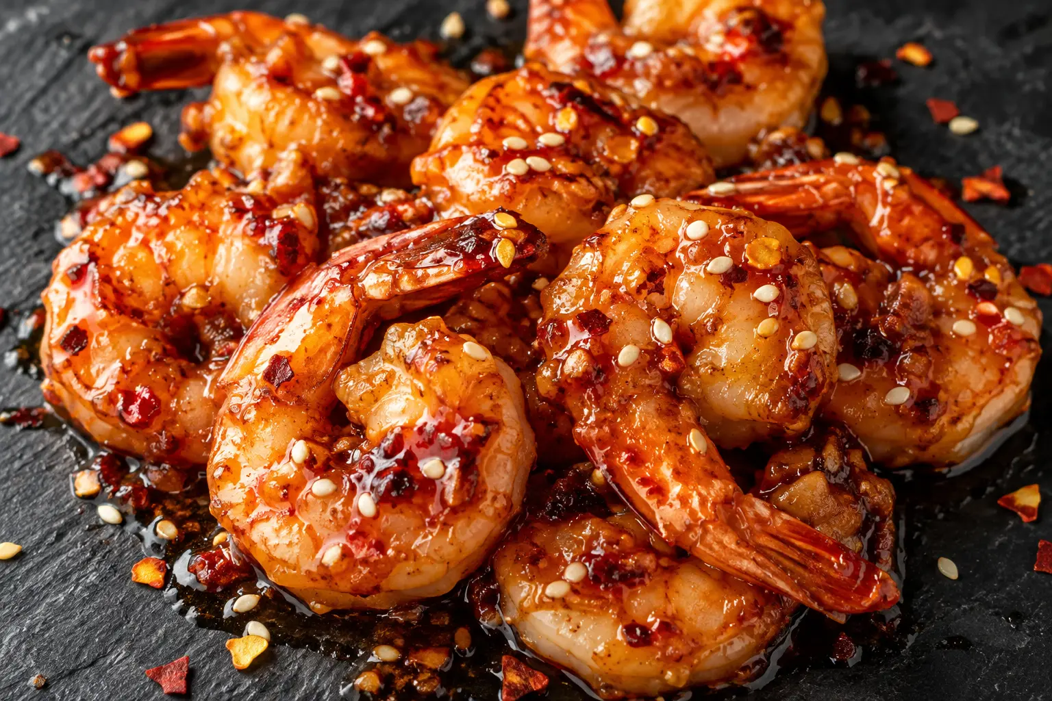 Crevettes sauce piquante en gros plan montrant la texture de la sauce et les épices