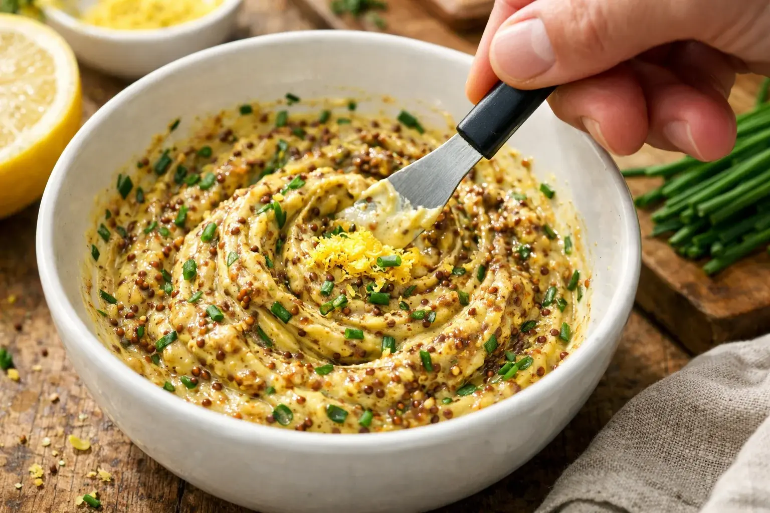 Mains mélangeant la moutarde de Dijon et à l'ancienne avec la ciboulette et le zeste de citron dans un petit bol pour la croûte