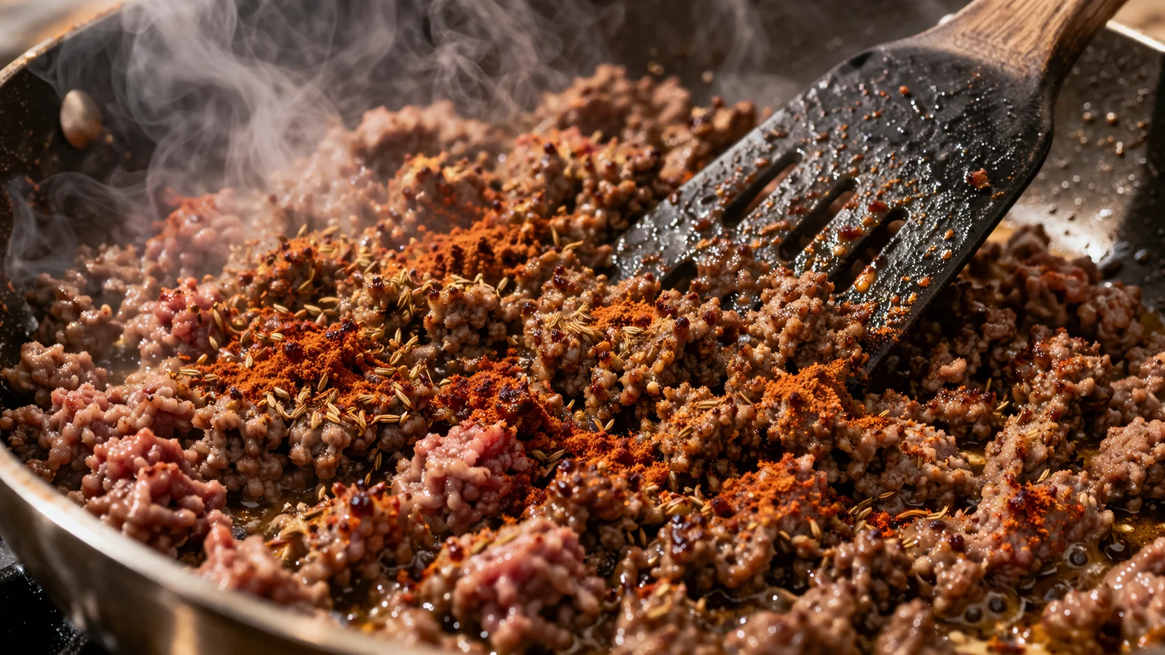 Bœuf haché en train de dorer dans la sauteuse avec les épices tex-mex, cumin et paprika visibles, spatule émiettant la viande