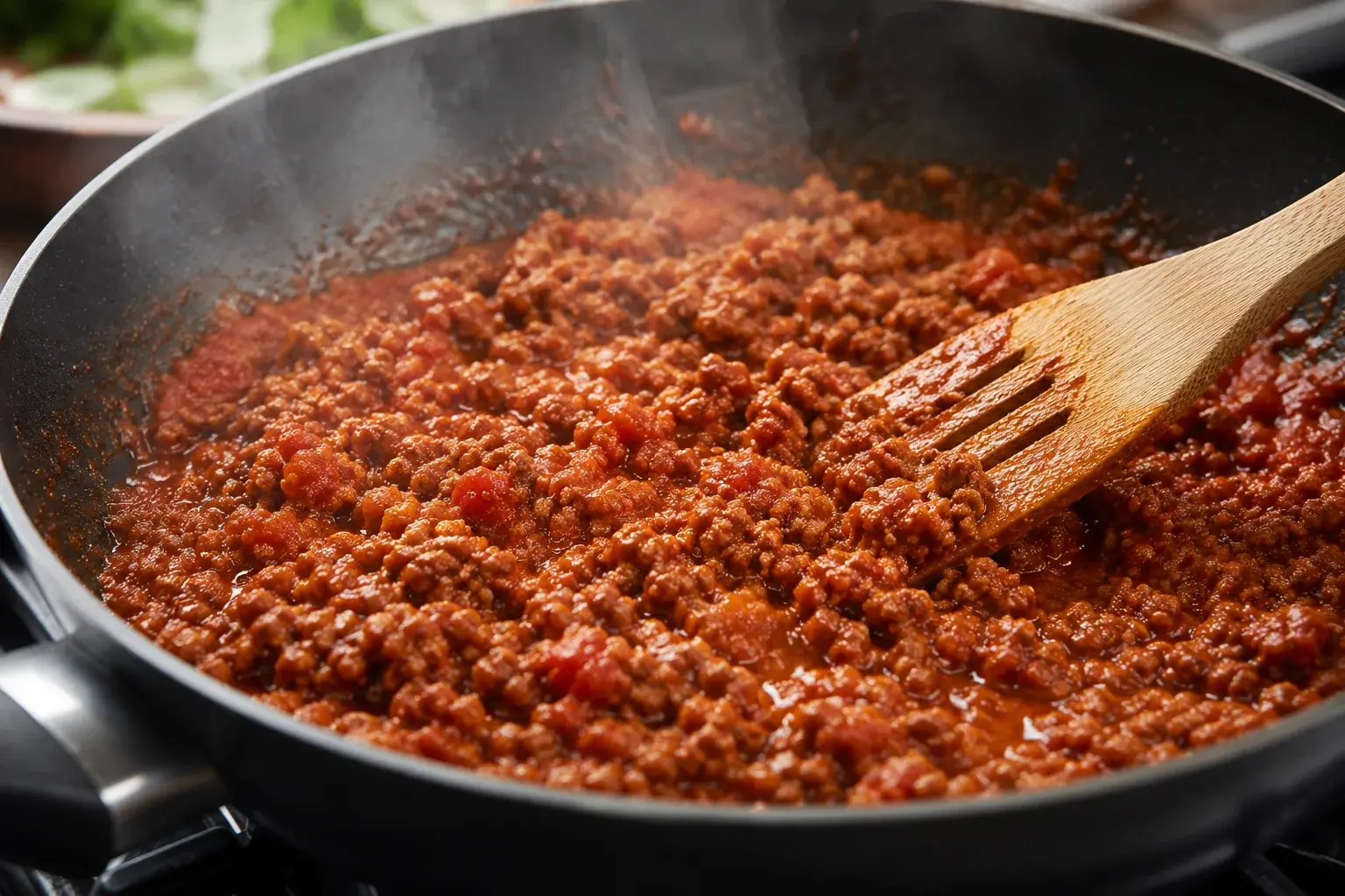 Bœuf haché épicé brun en train de mijoter dans une poêle avec sauce tomate rougeâtre et spatule en bois qui remue la viande