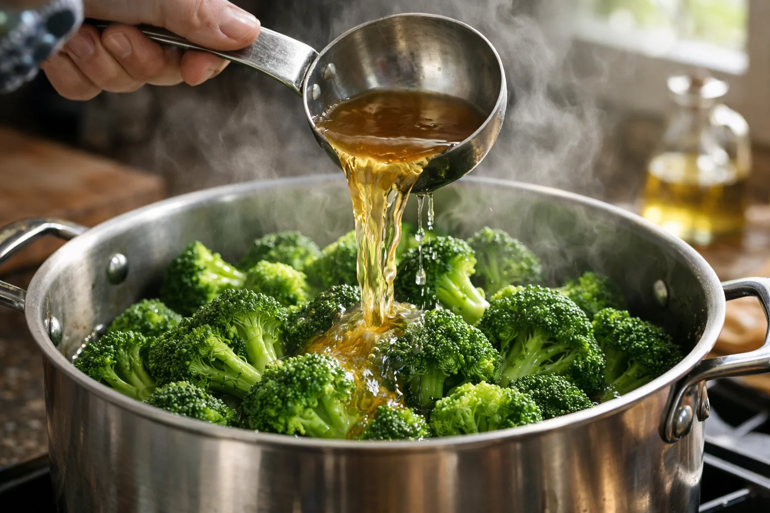 Fleurettes de brocoli vert vif dans le bouillon chaud de la casserole, couvercle partiellement posé dessus, vapeur visible