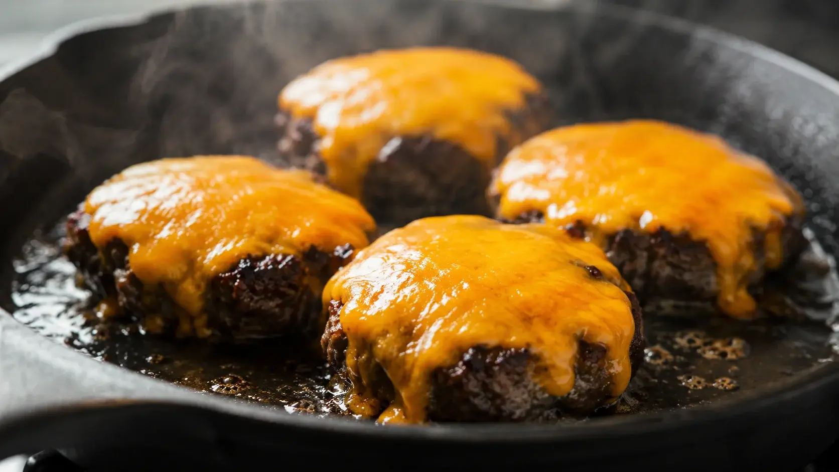 Steaks hachés de bœuf en train de cuire dans une poêle en fonte très chaude, belle croûte brune visible sur les bords, cheddar fondu dessus