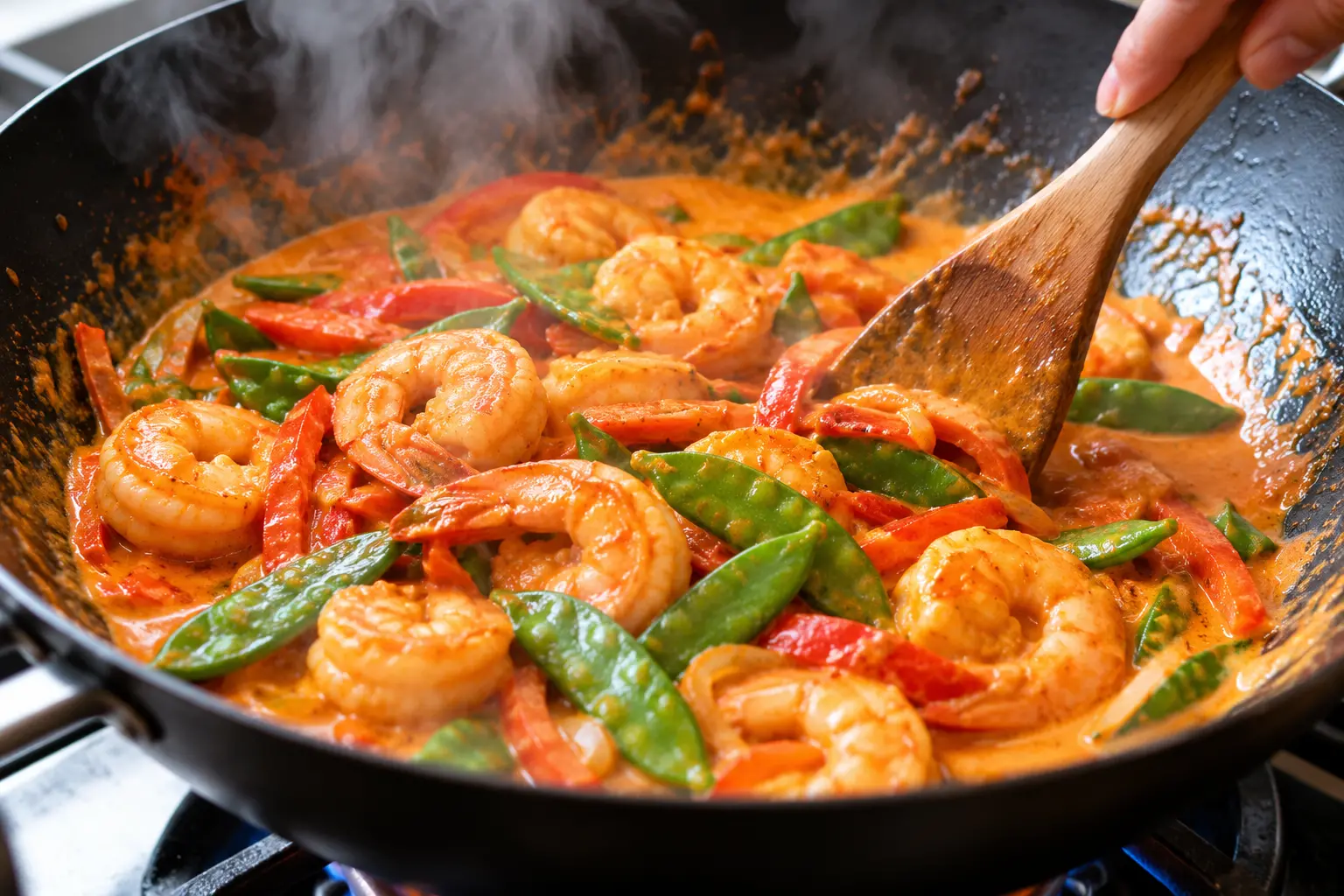 Crevettes roses en train de cuire dans la sauce curry rouge avec les pois mange-tout dans le wok