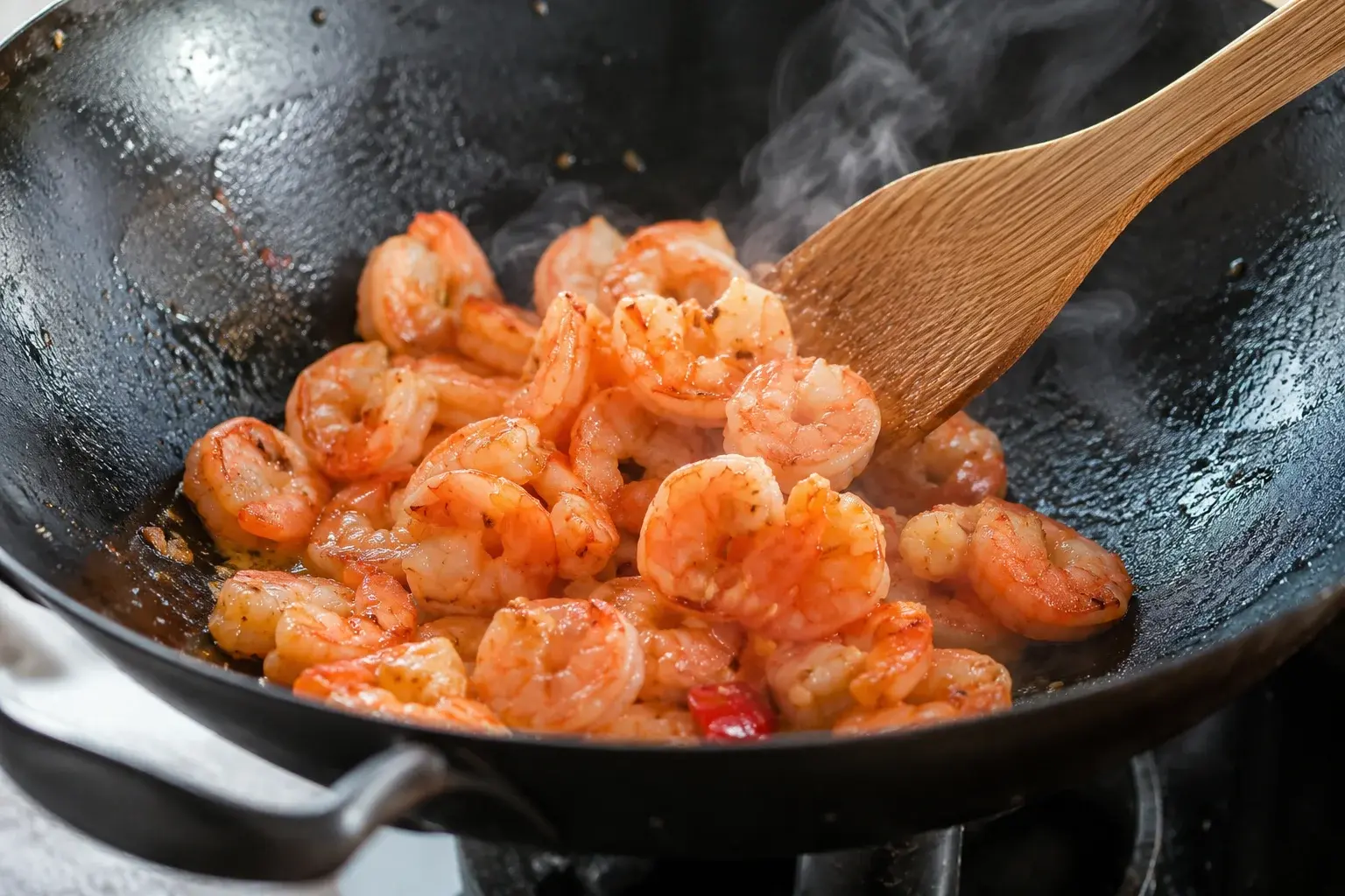 Crevettes roses translucides en train de saisir dans un wok noir brûlant avec spatule en bois en mouvement, vapeur légère