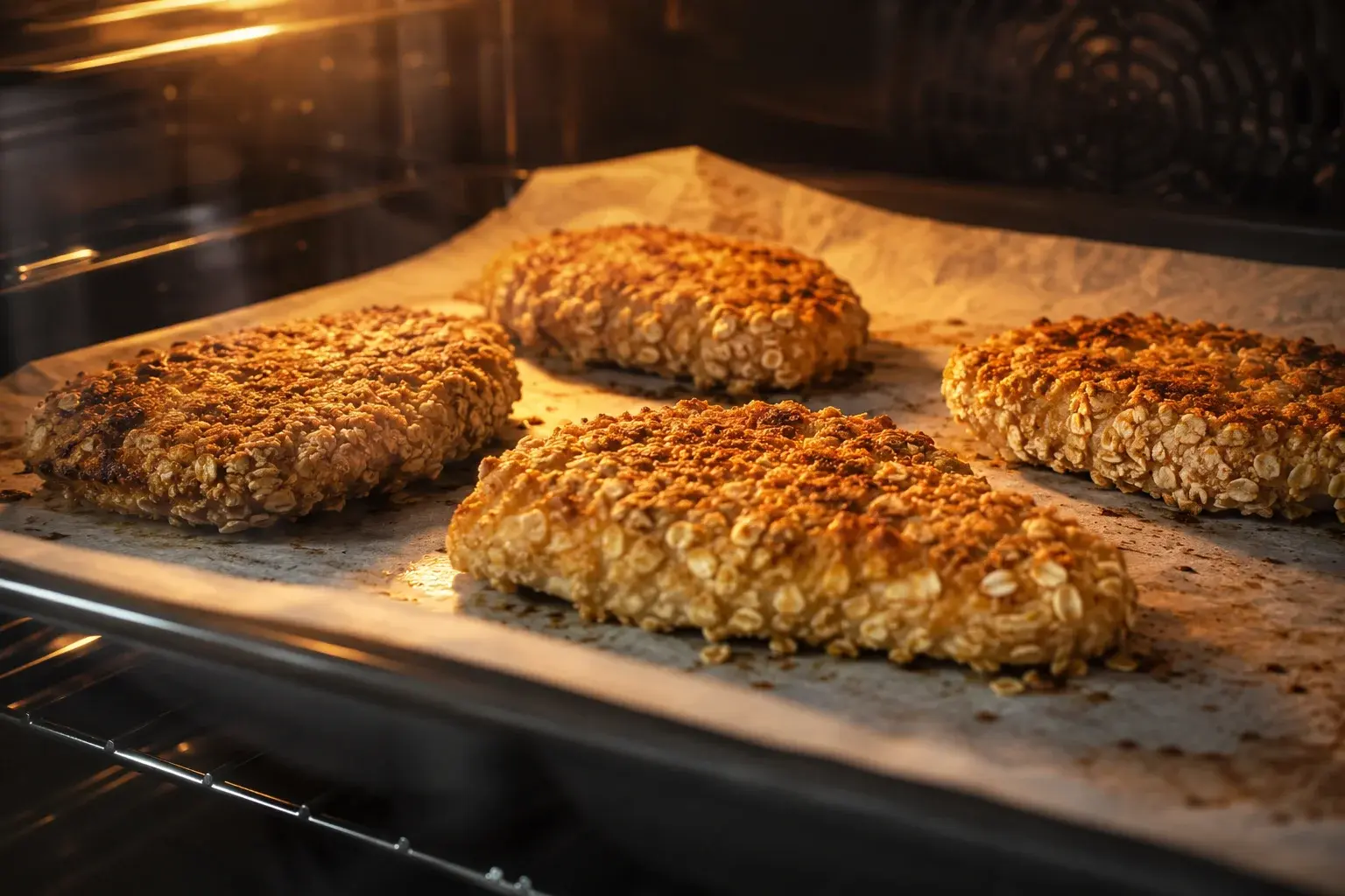 Escalopes de poulet panées en train de dorer sur une plaque au four avec croûte croustillante d'avoine visible