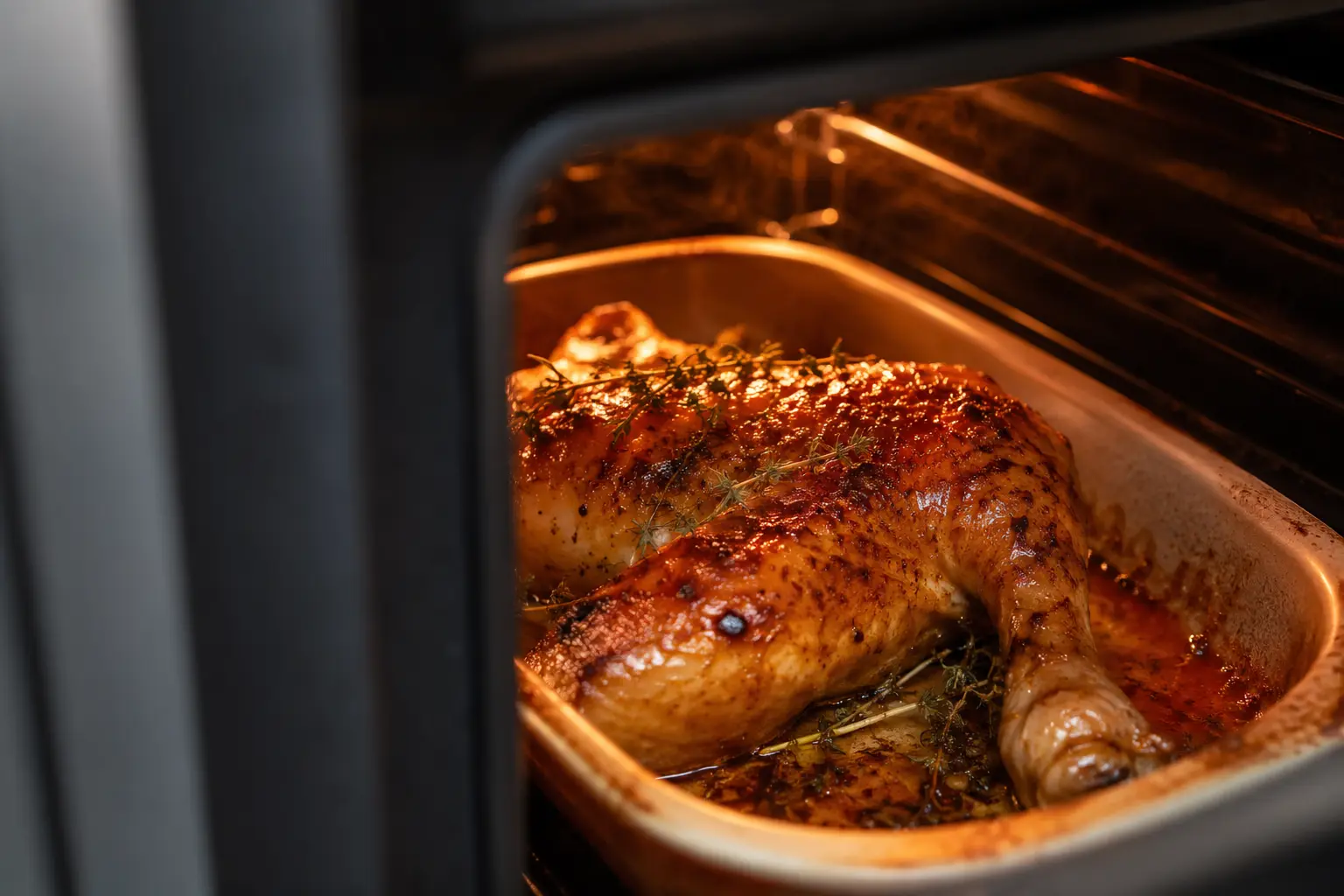 Plat de poulet rôti au miel et thym dans le four, peau caramélisée et dorée