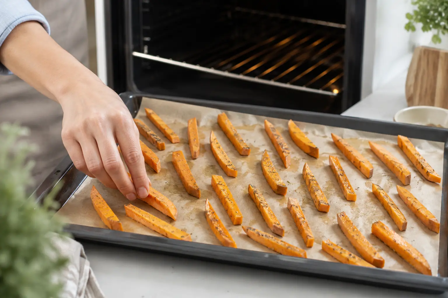 Frites de patate douce étalées sur une plaque de cuisson avant d'être enfournées