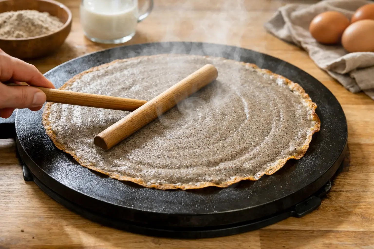 Rouleau à galettes en bois étalant la pâte de sarrasin grise en cercle mince sur une crêpière chaude, bords de la galette commençant à se décoller et se croustiller, vapeur légère visible