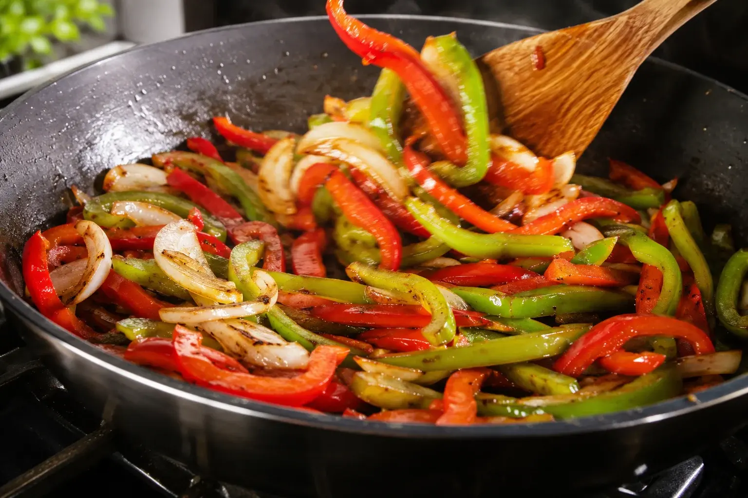 Lanières de poivrons rouges, verts et oignons en train de sauter dans une poêle avec spatule en bois en mouvement et coloration légère