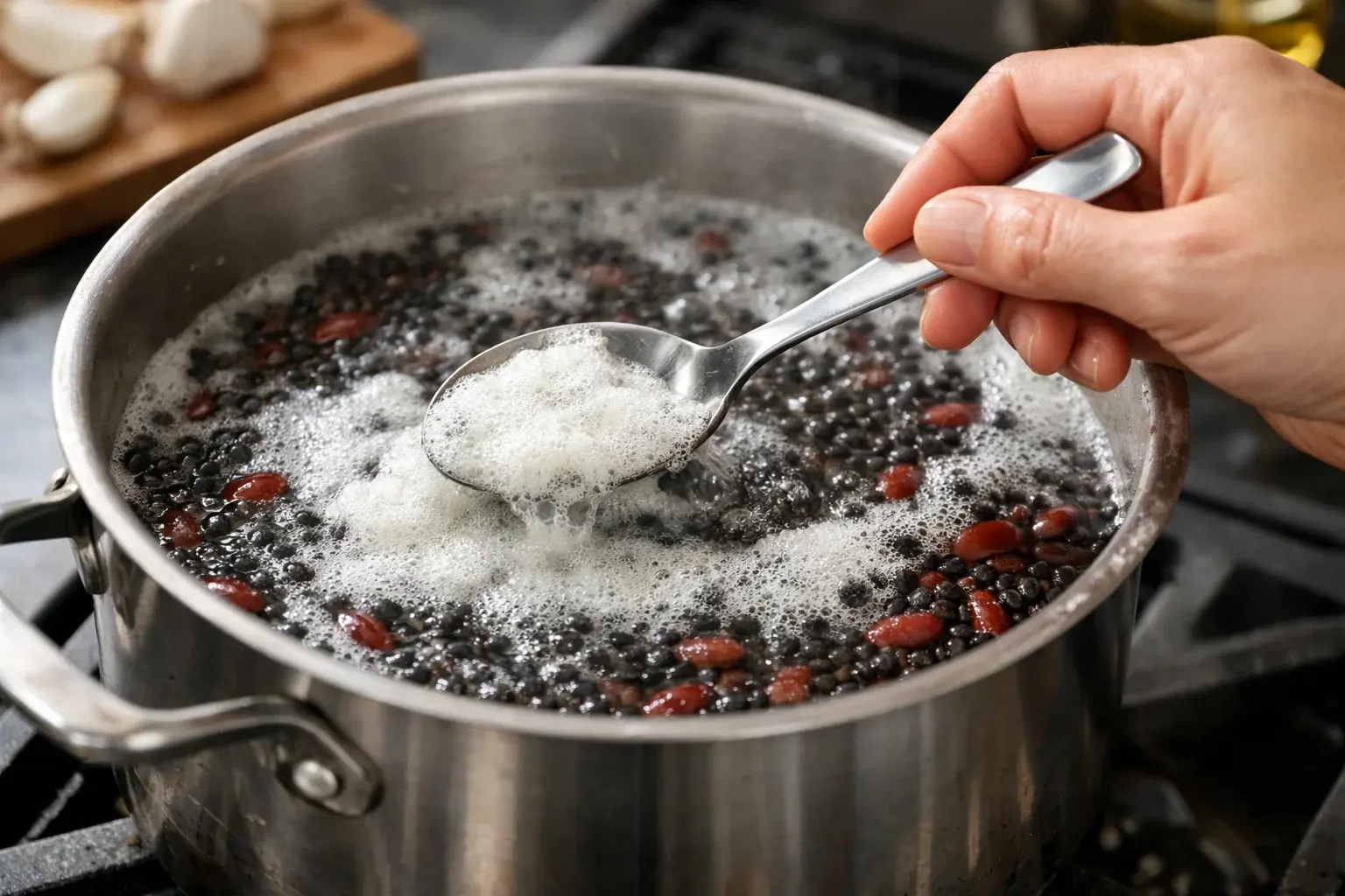 Main versant des lentilles noires et haricots rouges trempés dans une grande casserole d'eau froide, bulles d'ébullition visibles