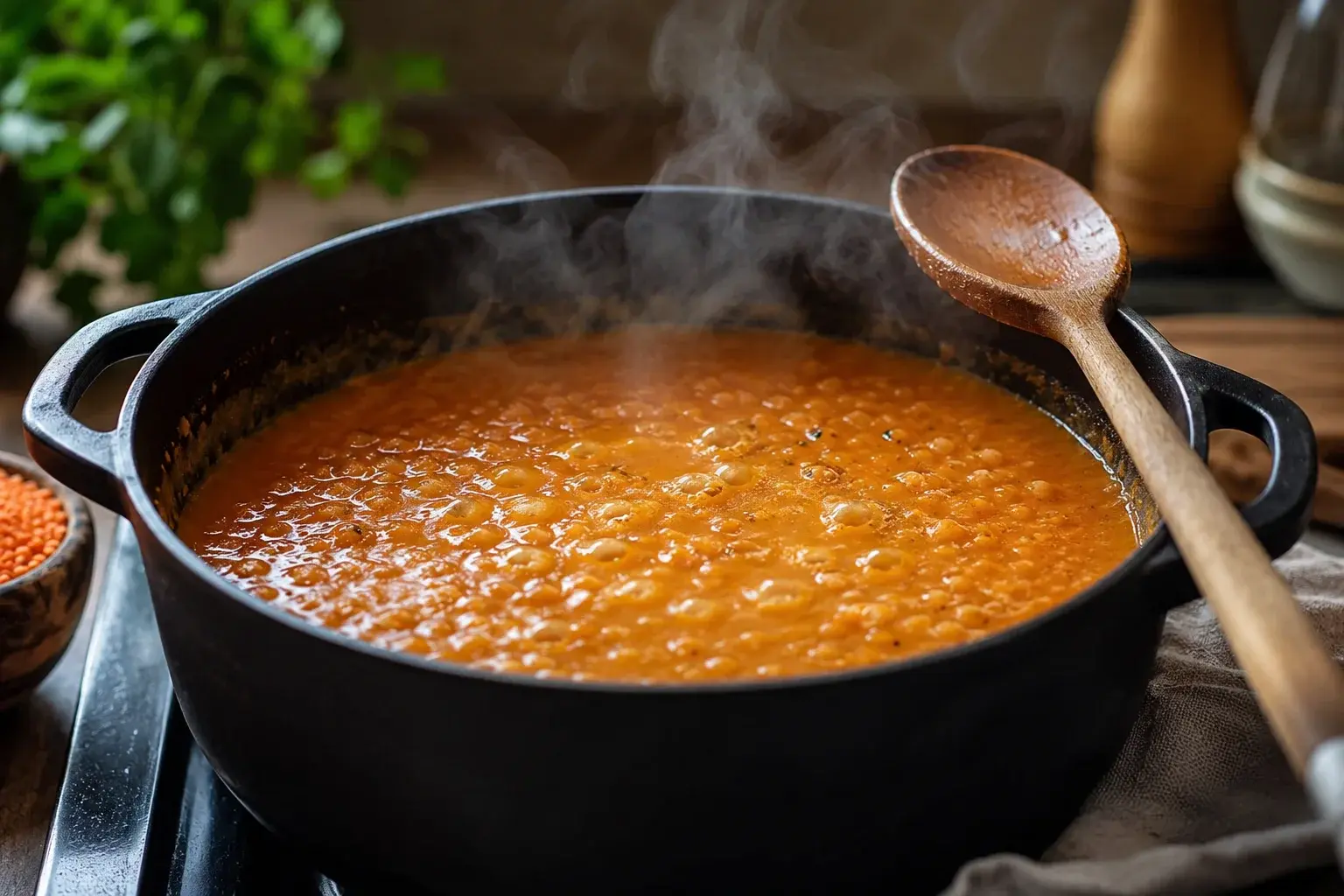 Soupe orangée aux lentilles corail en train de frémir dans une casserole avec petites bulles à la surface et vapeur visible
