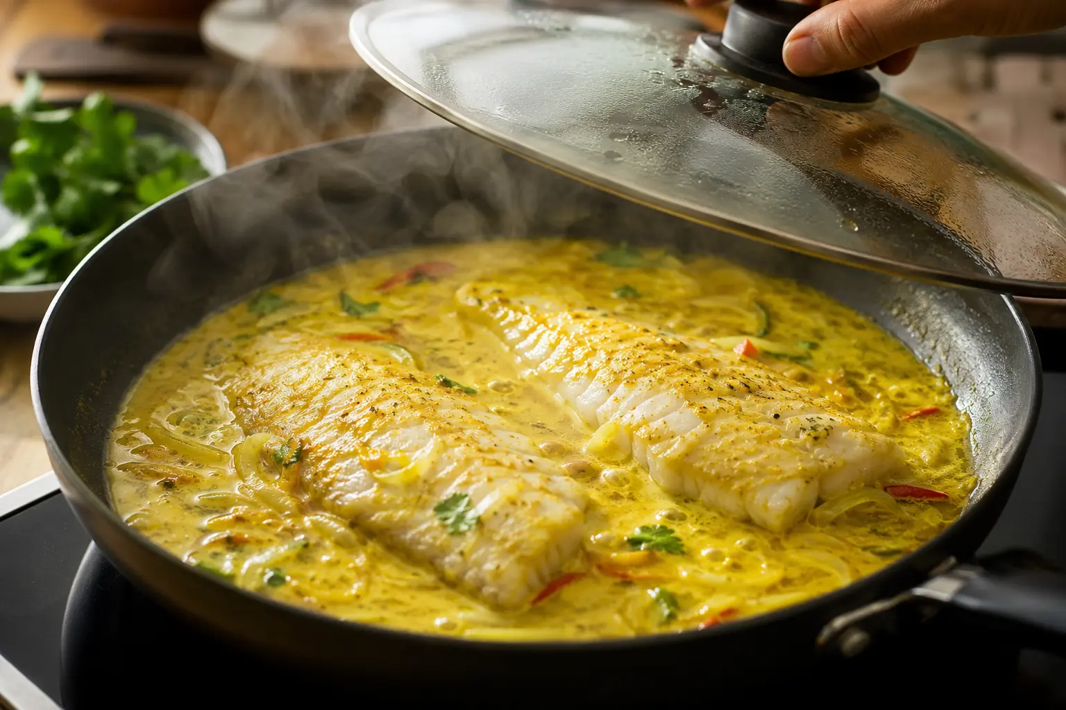 Filets de lieu noir en train de mijoter dans la sauce curry au lait de coco dans une poêle couverte