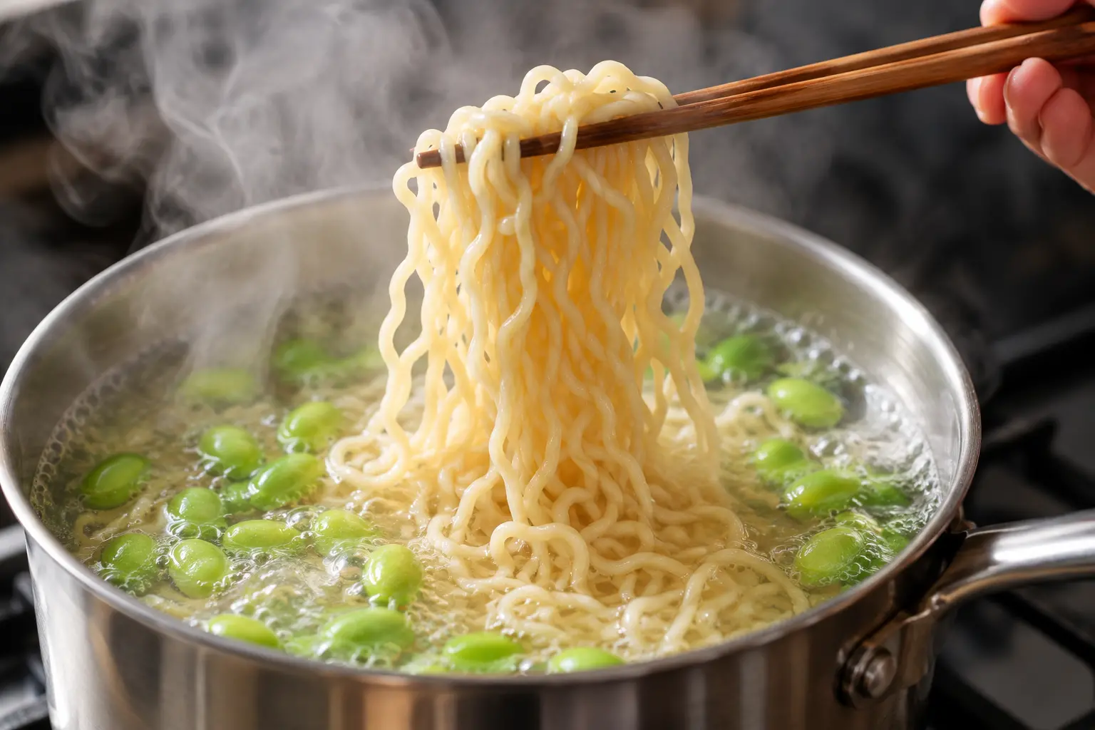 Nouilles ramen et edamame en train de cuire dans une casserole d'eau bouillante